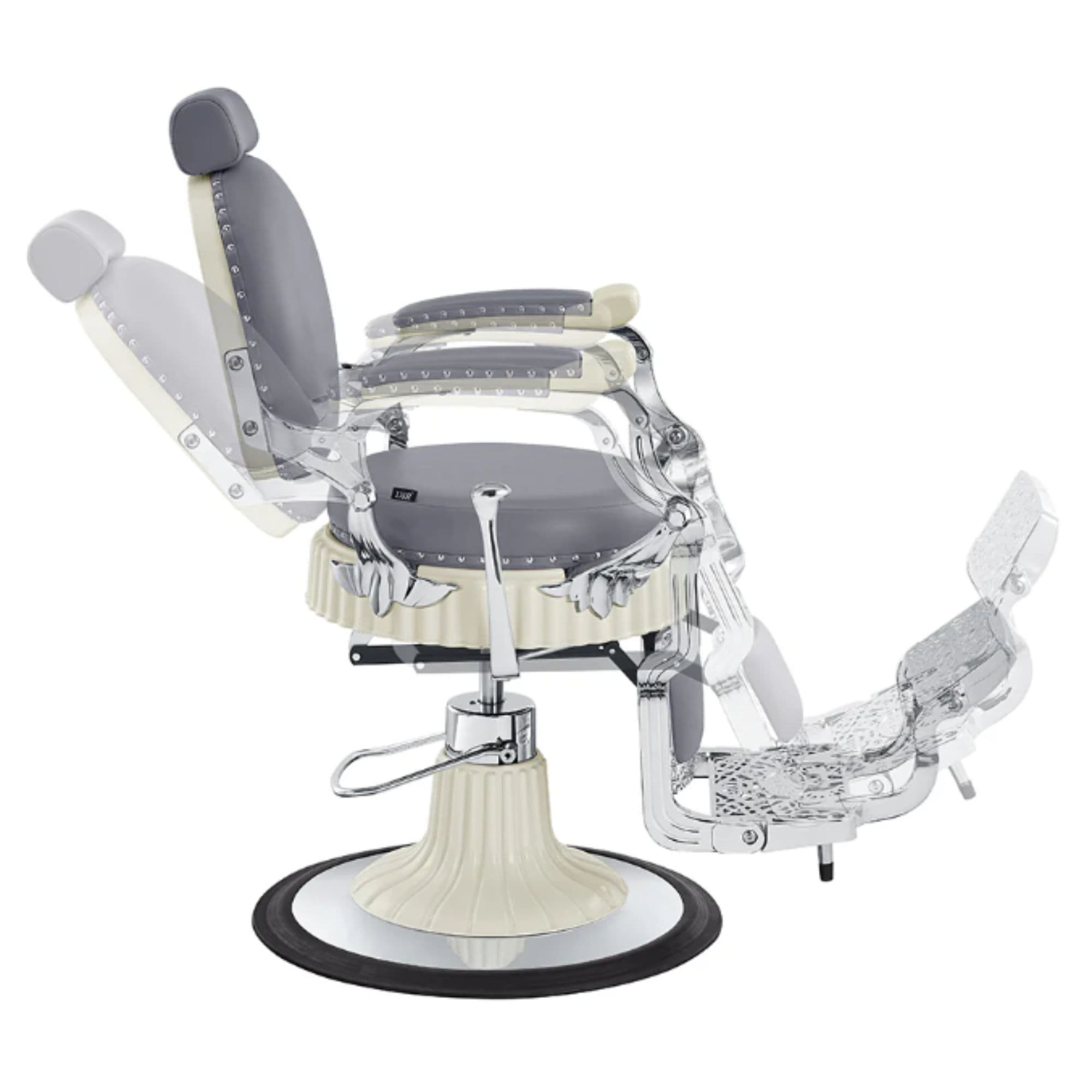 DIR Mikado Barber Chair Vintage Gray Variant Side View Demonstrating Swing Adjustment On White Background
