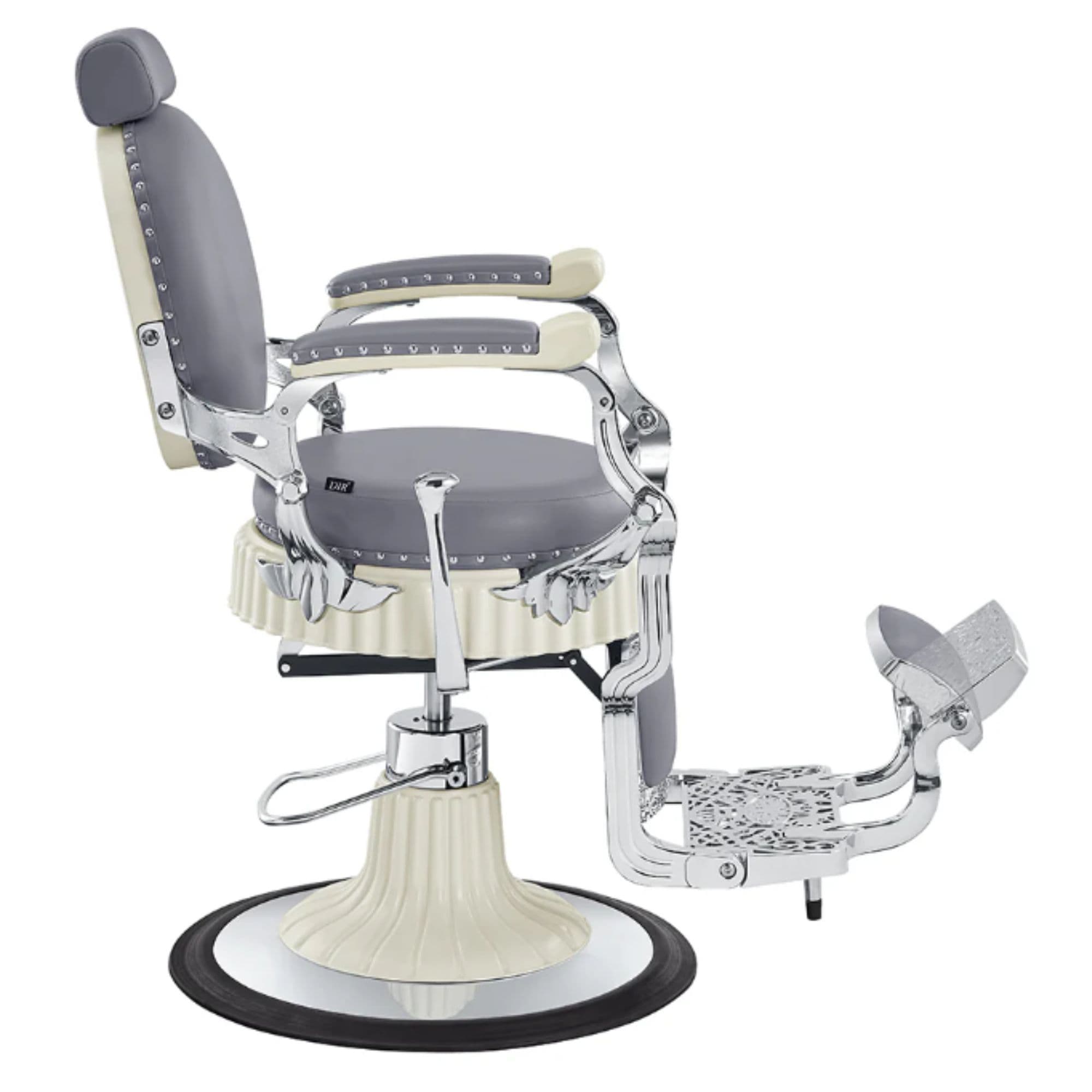 DIR Mikado Barber Chair Vintage Gray Variant Side View Demonstrating The Swing Range Of Foot Rest Extension On White Background