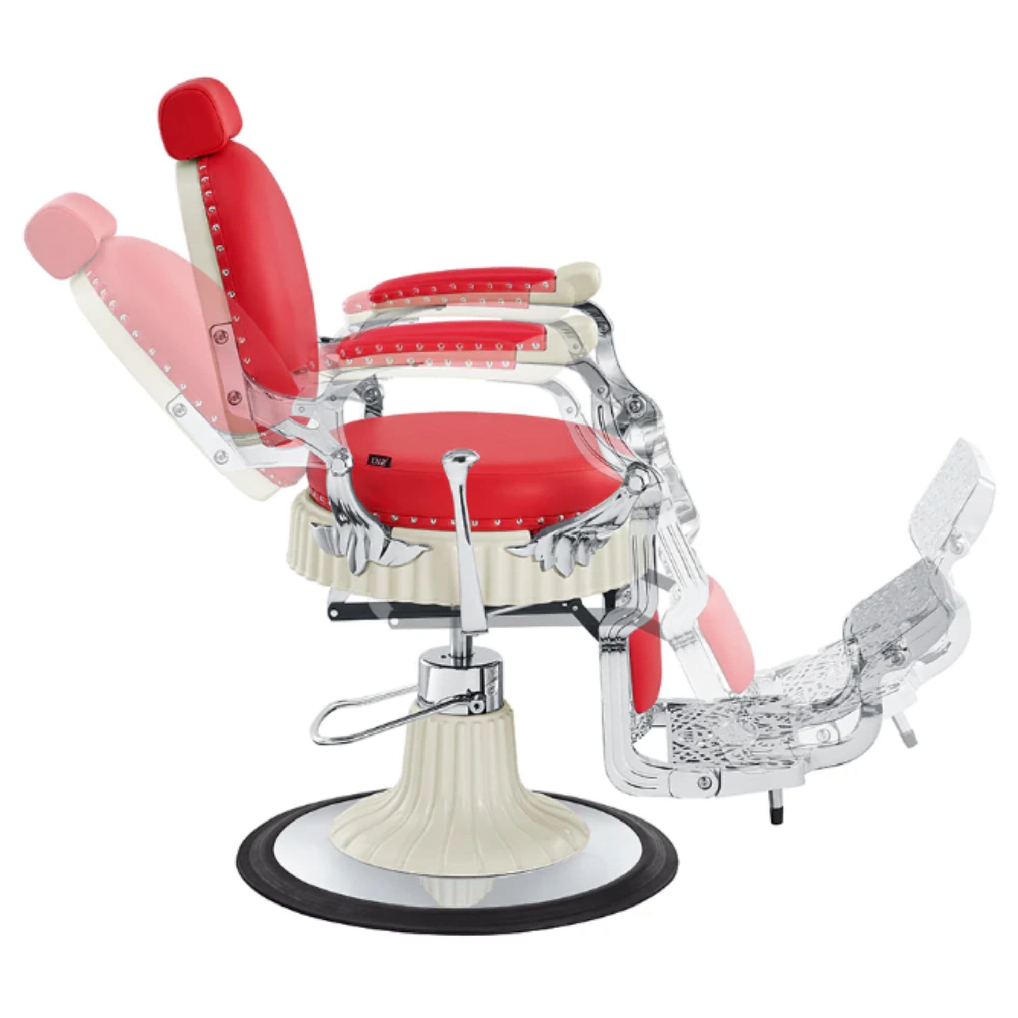 DIR Mikado Barber Chair Vintage Red Variant Side View Demonstrating Swing Adjustment On White Background