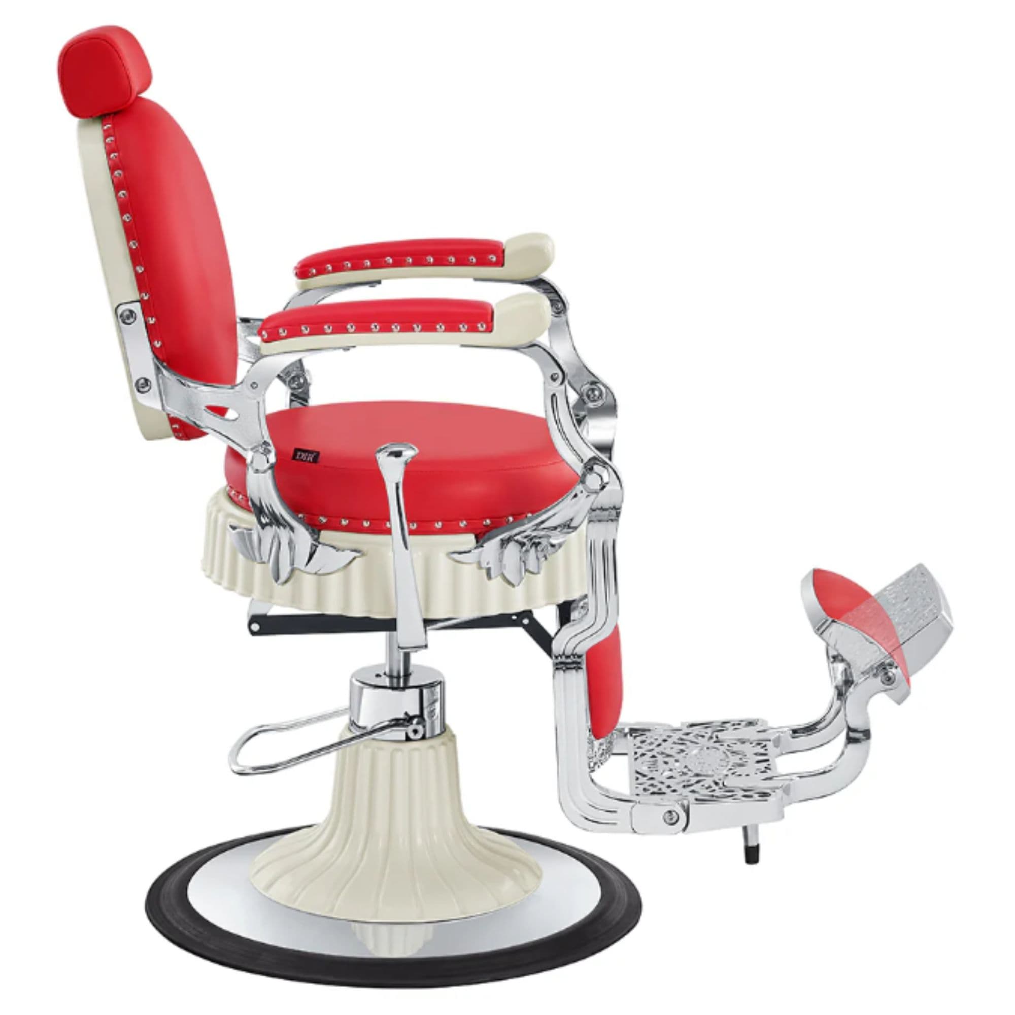 DIR Mikado Barber Chair Vintage Red Variant Side View Demonstrating The Swing Range Of Foot Rest Extension On White Background