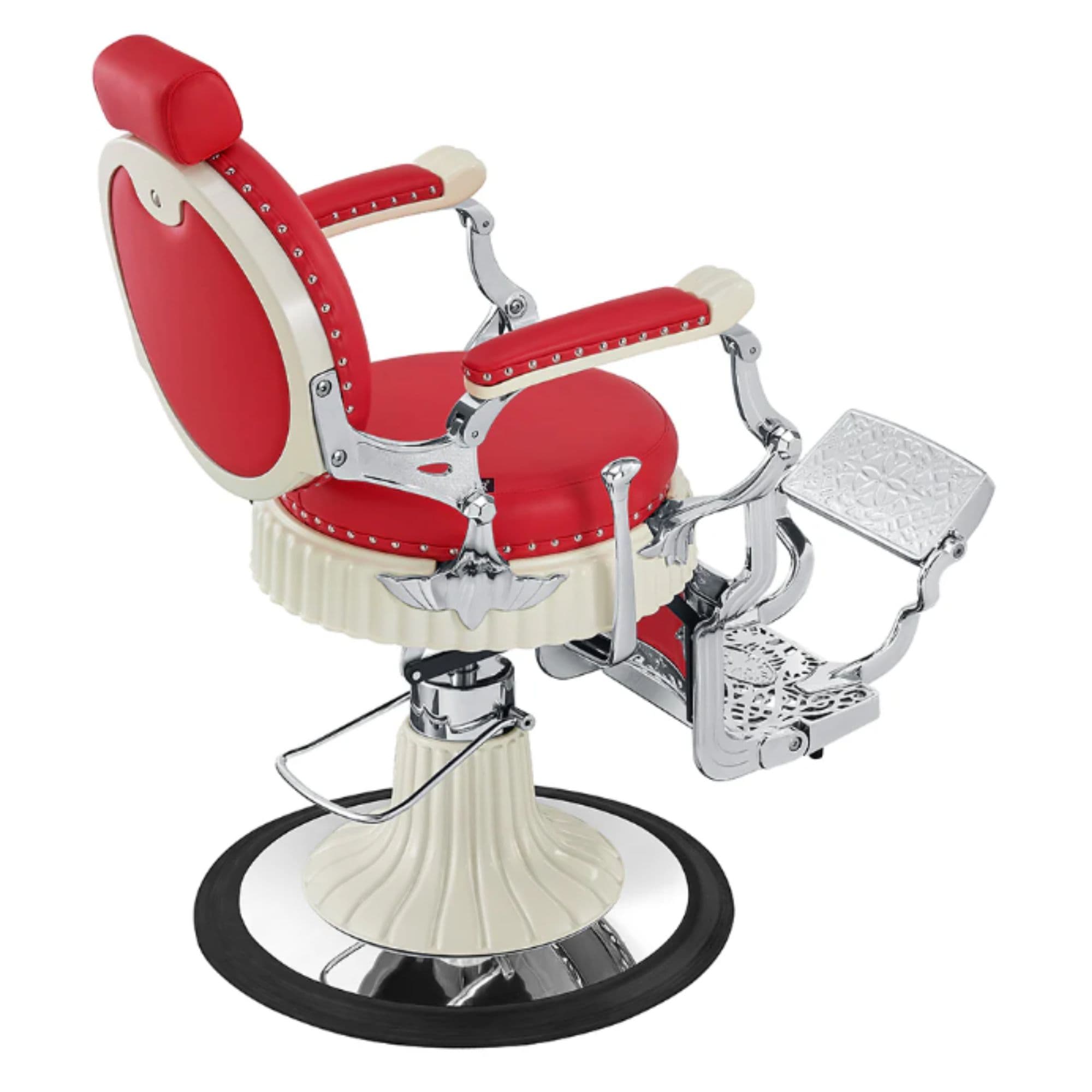 DIR Mikado Classic Vintage Barbershop Chair Red Variant Rear Angled View On White Background