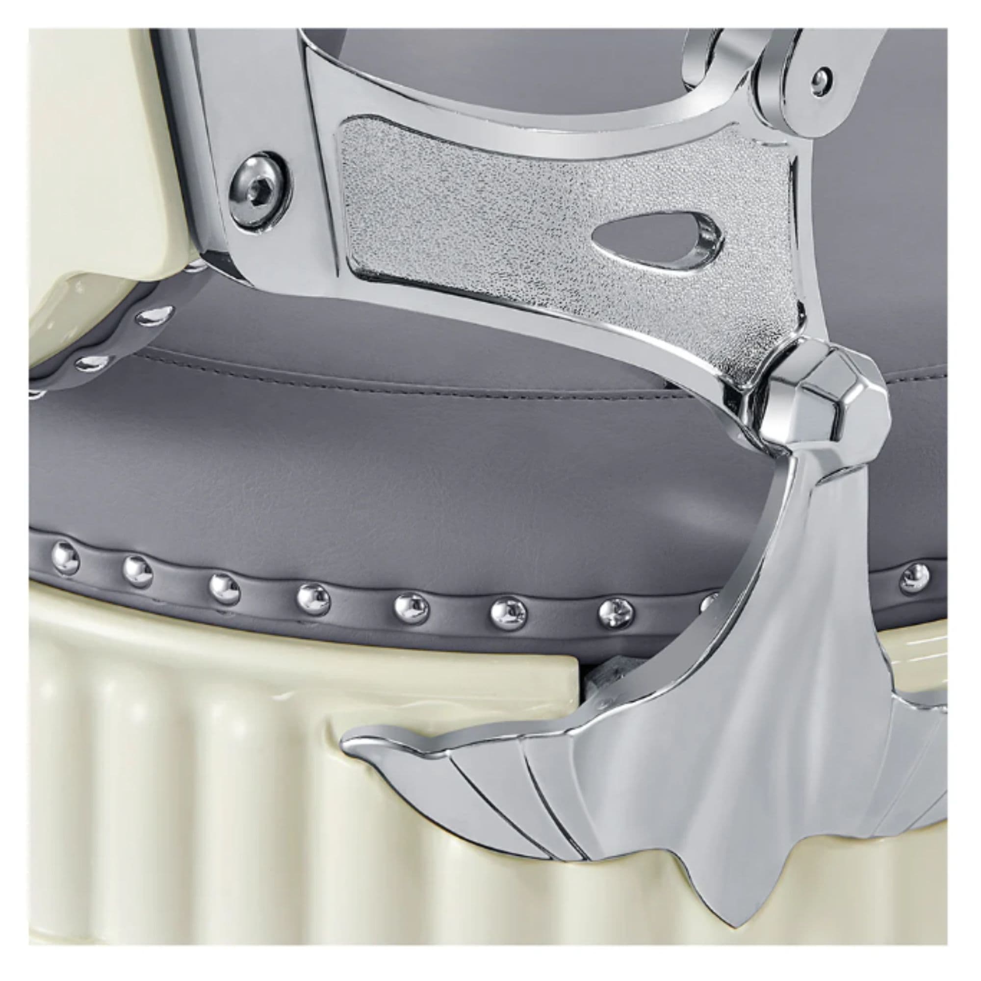 DIR Mikado Vintage Barber Chair Close-Up View Of Decorative Chrome Armrest Support And Gray Upholstered Seat