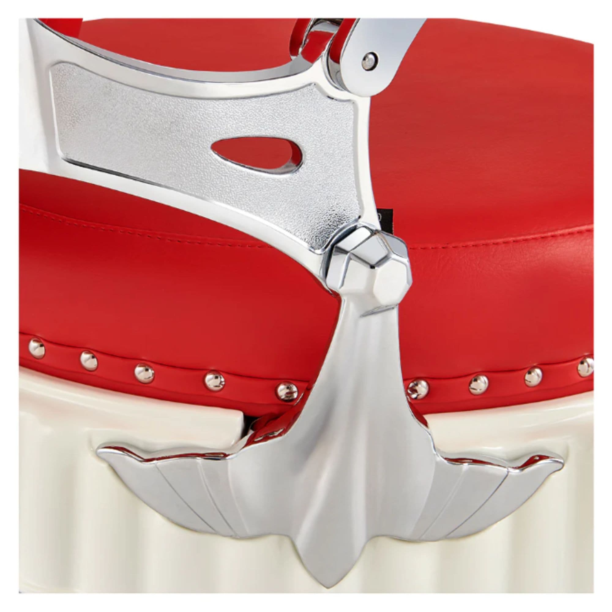 DIR Mikado Vintage Barber Chair Close-Up View Of Decorative Chrome Armrest Support And Red Upholstered Seat