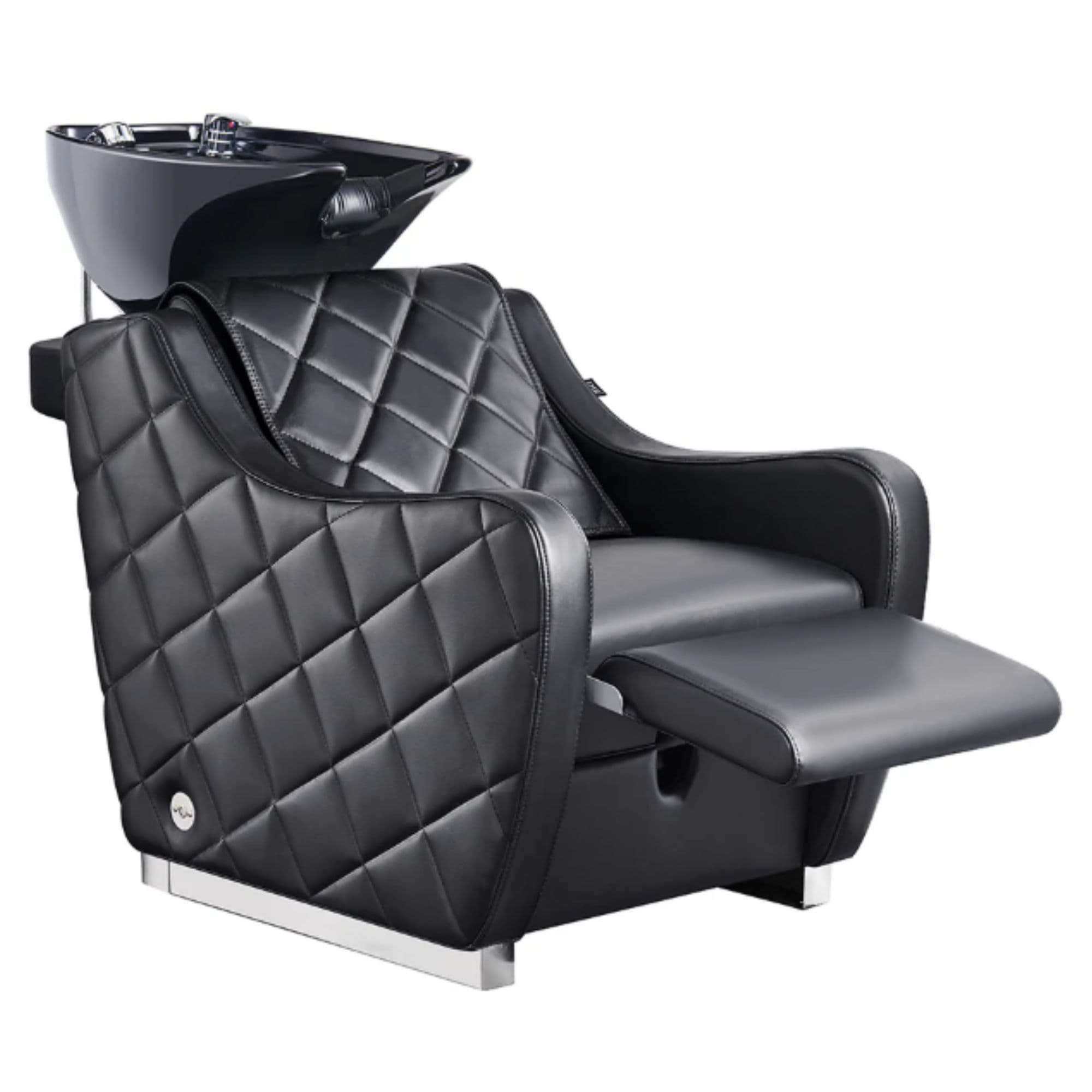 DIR Minervah Massage Backwash Unit Black Front Angled View Of Black Single Shampoo Wash Station With Fully Reclined Leg Rest On White Clean Background