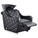 DIR Minervah Massage Backwash Unit Black Front Angled View Of Black Single Shampoo Wash Station With Fully Reclined Leg Rest On White Clean Background