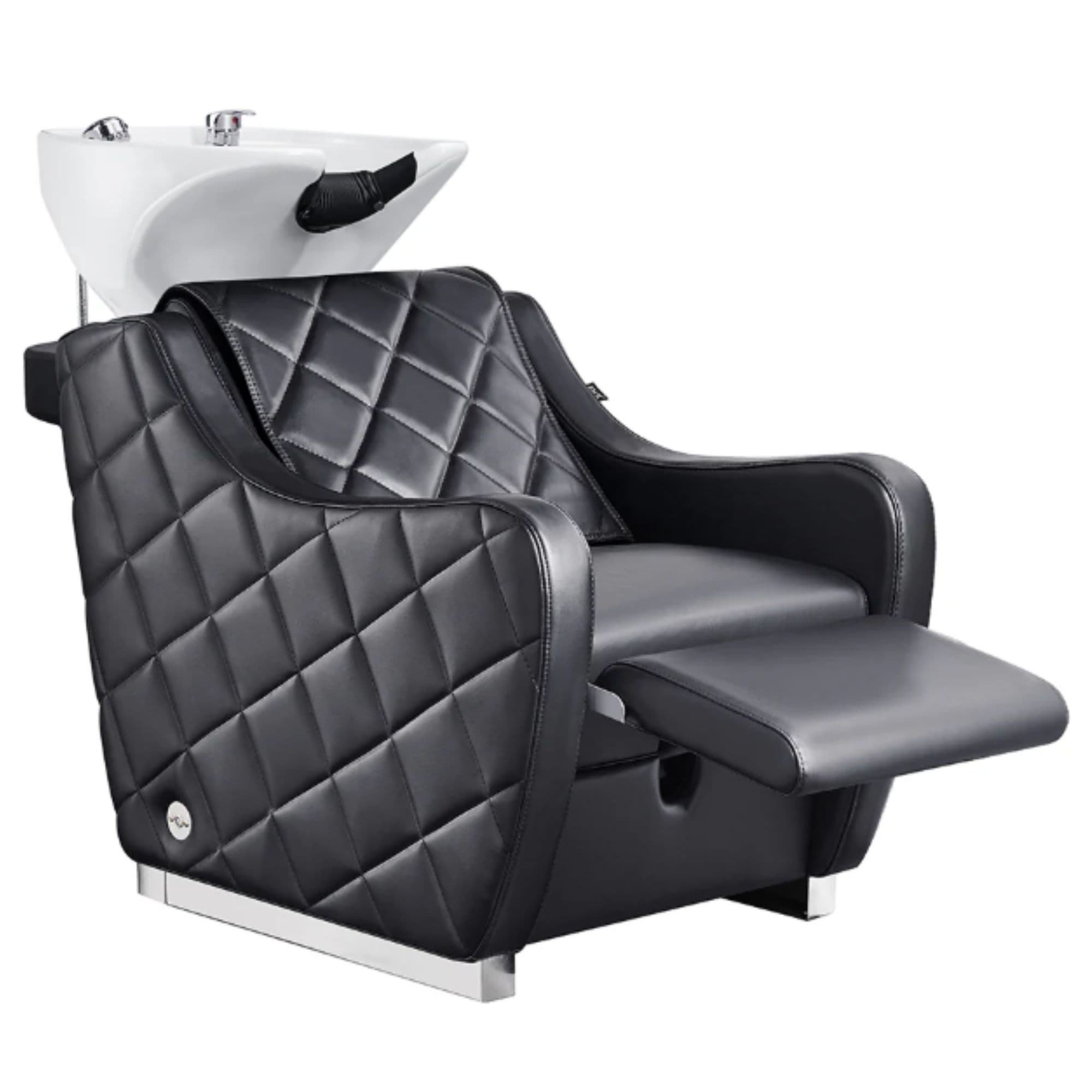 DIR Minervah Massage Backwash Unit Black Front Angled View Of Single Shampoo Wash Station With Fully Reclined Leg Rest On White Clean Background