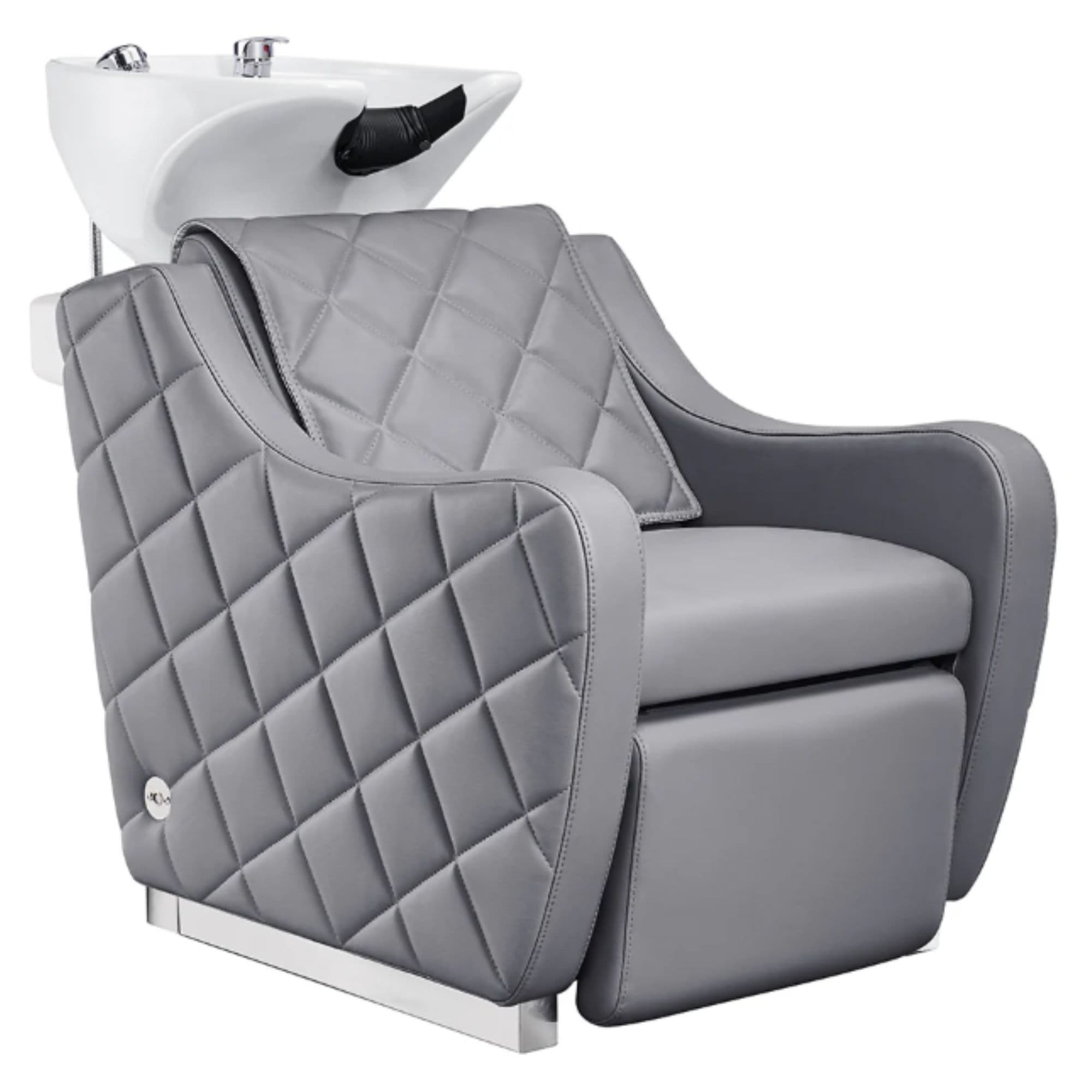 DIR Minervah Massage Backwash Unit Gray Front Angled View Of White Single Shampoo Wash Station On White Clean Background