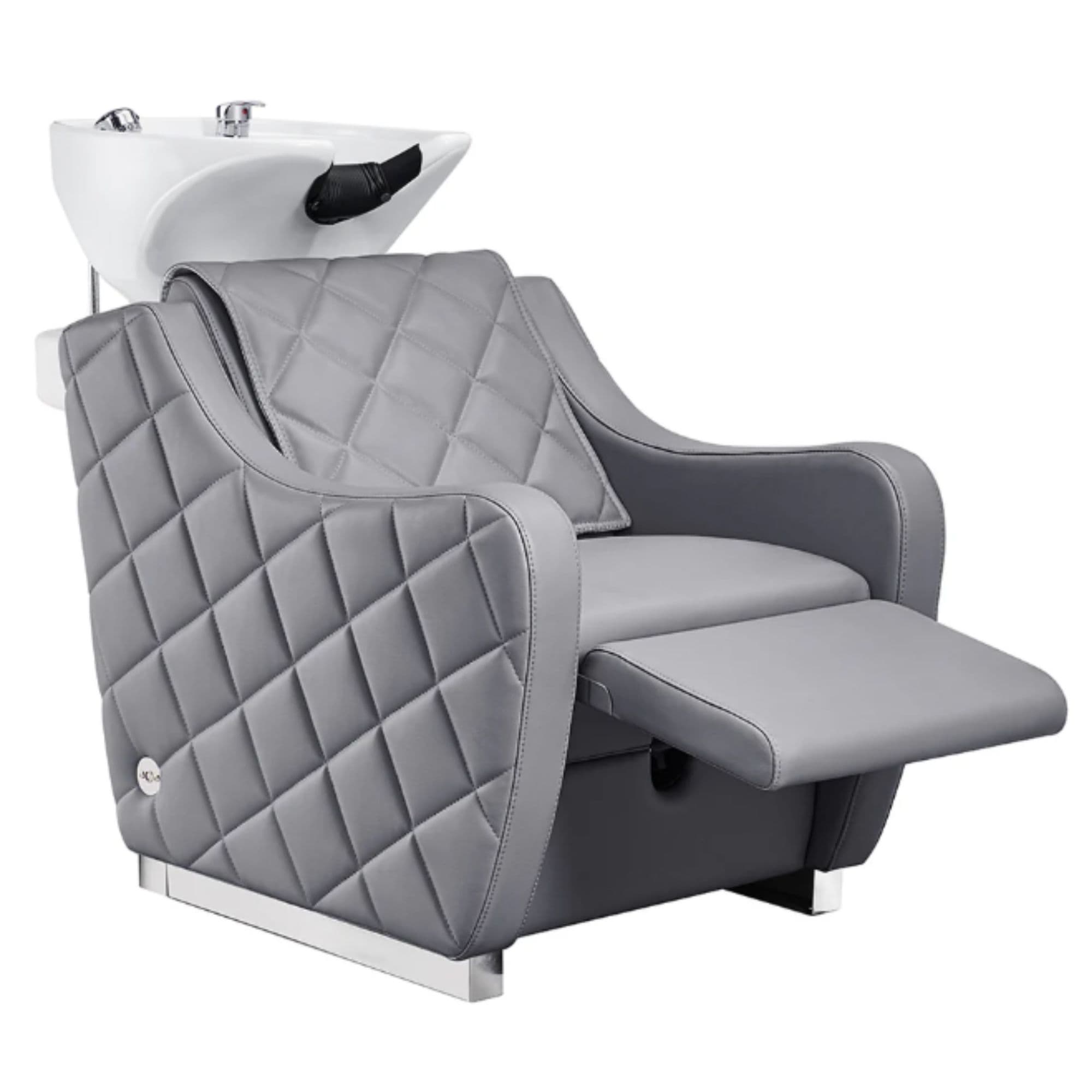 DIR Minervah Massage Backwash Unit Gray Front Angled View Of White Single Shampoo Wash Station With Fully Reclined Leg Rest On White Clean Background