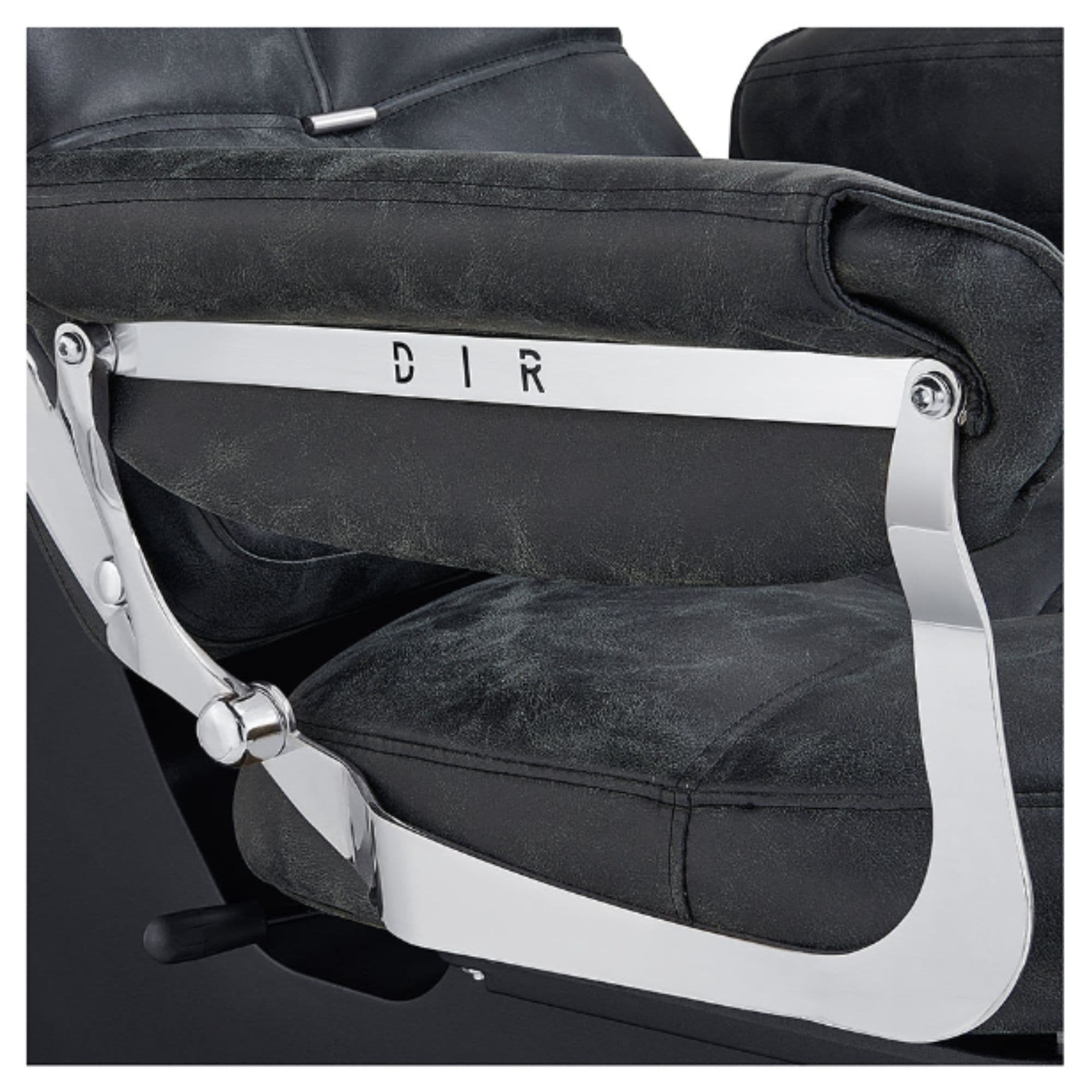 DIR Mochilagon Salon Shampoo Chair Close-Up View Of Chrome Armrest Frame And Black Upholstered Seat Cushion With Brand Name