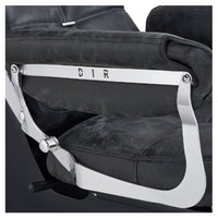 Thumbnail for DIR Mochilagon Salon Shampoo Chair Close-Up View Of Chrome Armrest Frame And Black Upholstered Seat Cushion With Brand Name