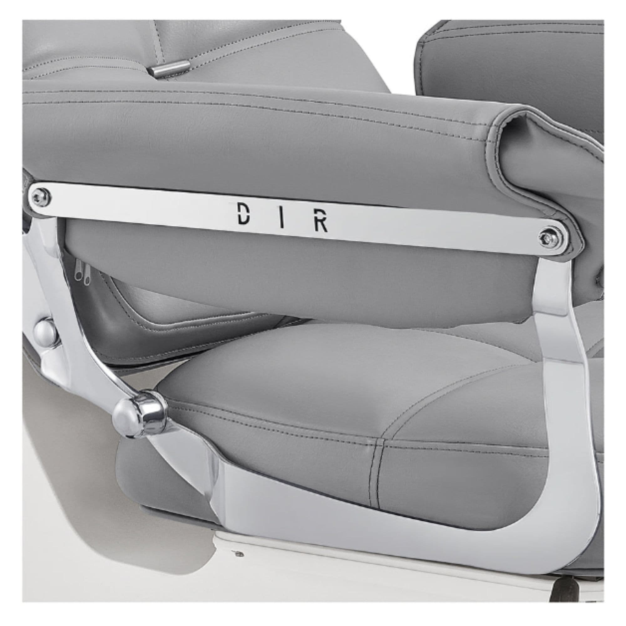 DIR Mochilagon Salon Shampoo Chair Close-Up View Of Chrome Armrest Frame And Gray Upholstered Seat Cushion With Brand Name