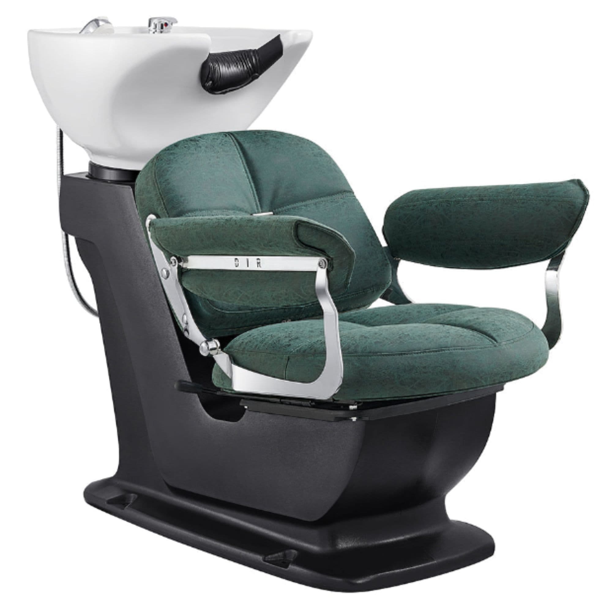 DIR Mochilagon Salon Shampoo Chair with Adjustable Seat Green Front Angled View Of White Single Shampoo Wash Station