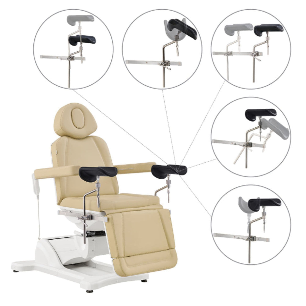 DIR Pavo 4-Motor Gynecology Exam Chair with Stirrups Beige Front Angled View Showing Adjustable Stirrup Functions And Positions On White Background