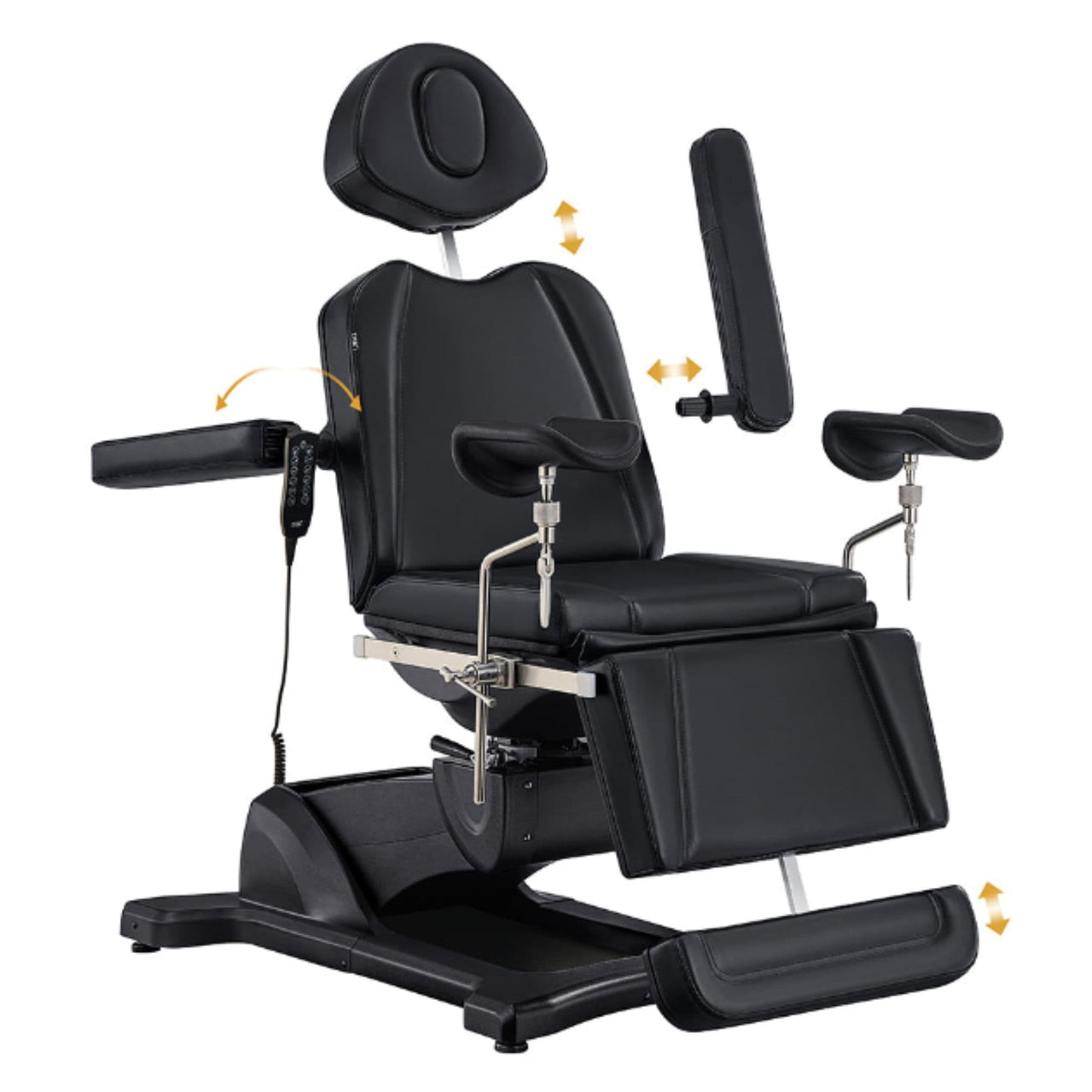 DIR Pavo 4-Motor Gynecology Exam Chair with Stirrups Black Front Angled View Demonstrating Adjustable Chair Features On White Background