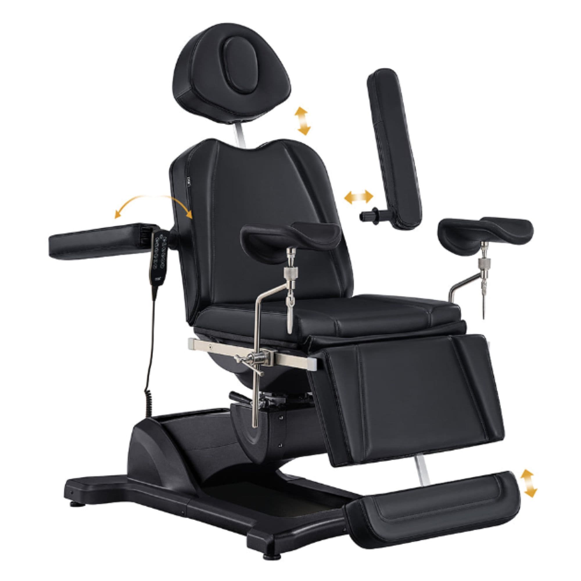 DIR Pavo 4-Motor Gynecology Exam Chair with Stirrups Black Front Angled View Demonstrating Adjustable Chair Features On White Background