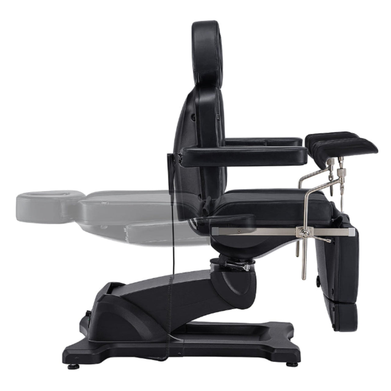 DIR Pavo 4-Motor Gynecology Exam Chair with Stirrups Black Side View Demonstrating Recline Adjustment Range On White Background
