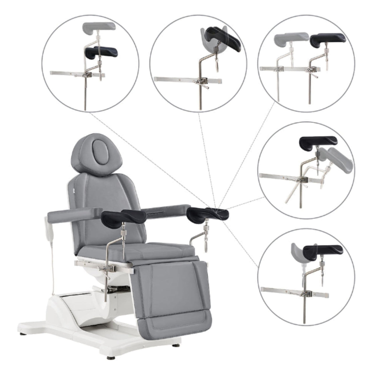 DIR Pavo 4-Motor Gynecology Exam Chair with Stirrups Gray Front Angled View Showing Adjustable Stirrup Functions And Positions On White Background