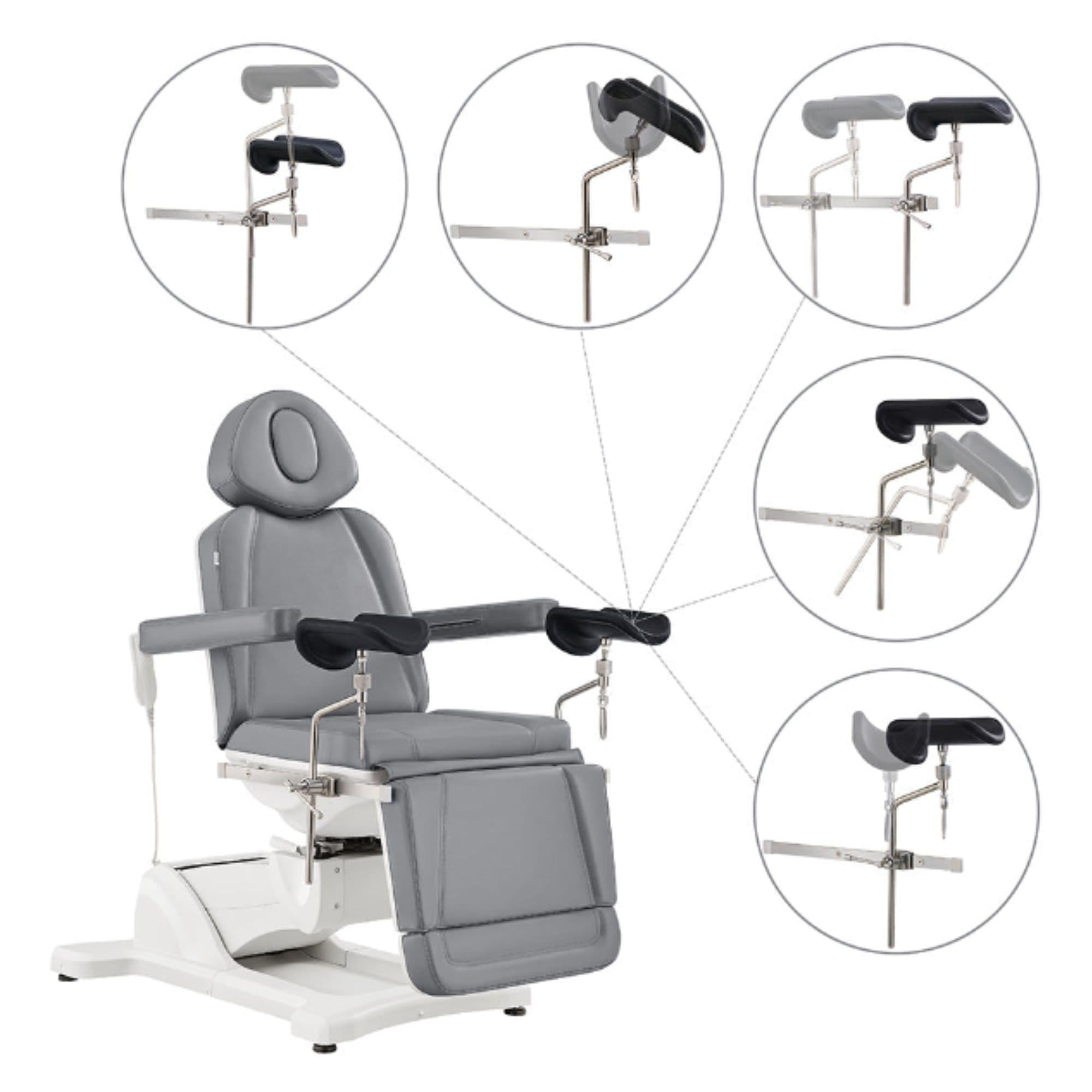 DIR Pavo 4-Motor Gynecology Exam Chair with Stirrups Gray Front Angled View Showing Adjustable Stirrup Functions And Positions On White Background