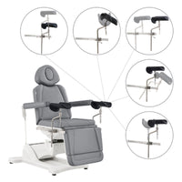 Thumbnail for DIR Pavo 4-Motor Gynecology Exam Chair with Stirrups Gray Front Angled View Showing Adjustable Stirrup Functions And Positions On White Background