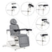 DIR Pavo 4-Motor Gynecology Exam Chair with Stirrups Gray Front Angled View Showing Adjustable Stirrup Functions And Positions On White Background
