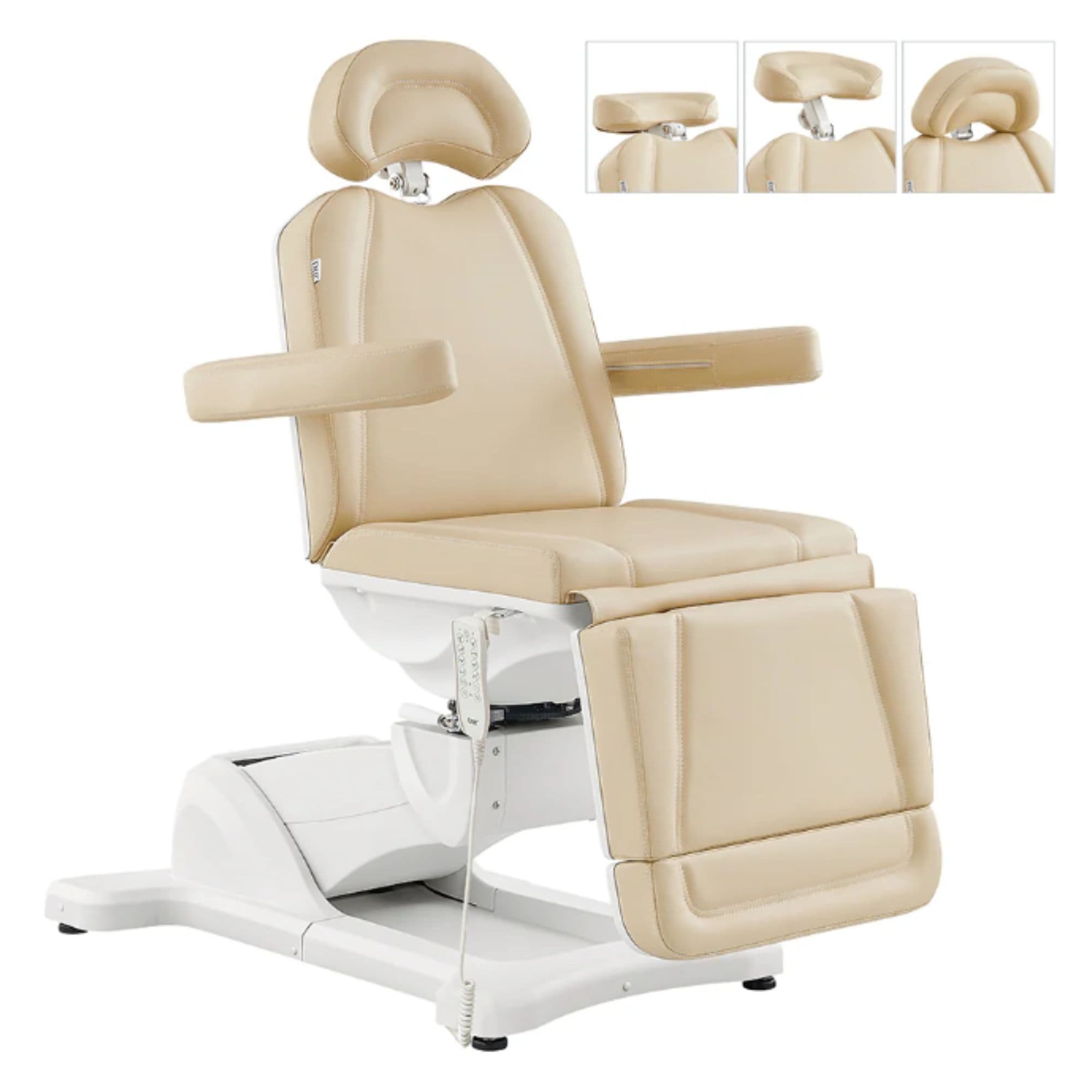 DIR Pavo 4-Motors Swivel Medical Spa Treatment Table Beige Variant Front Angled View With Adjustable Headrest Options On White Background