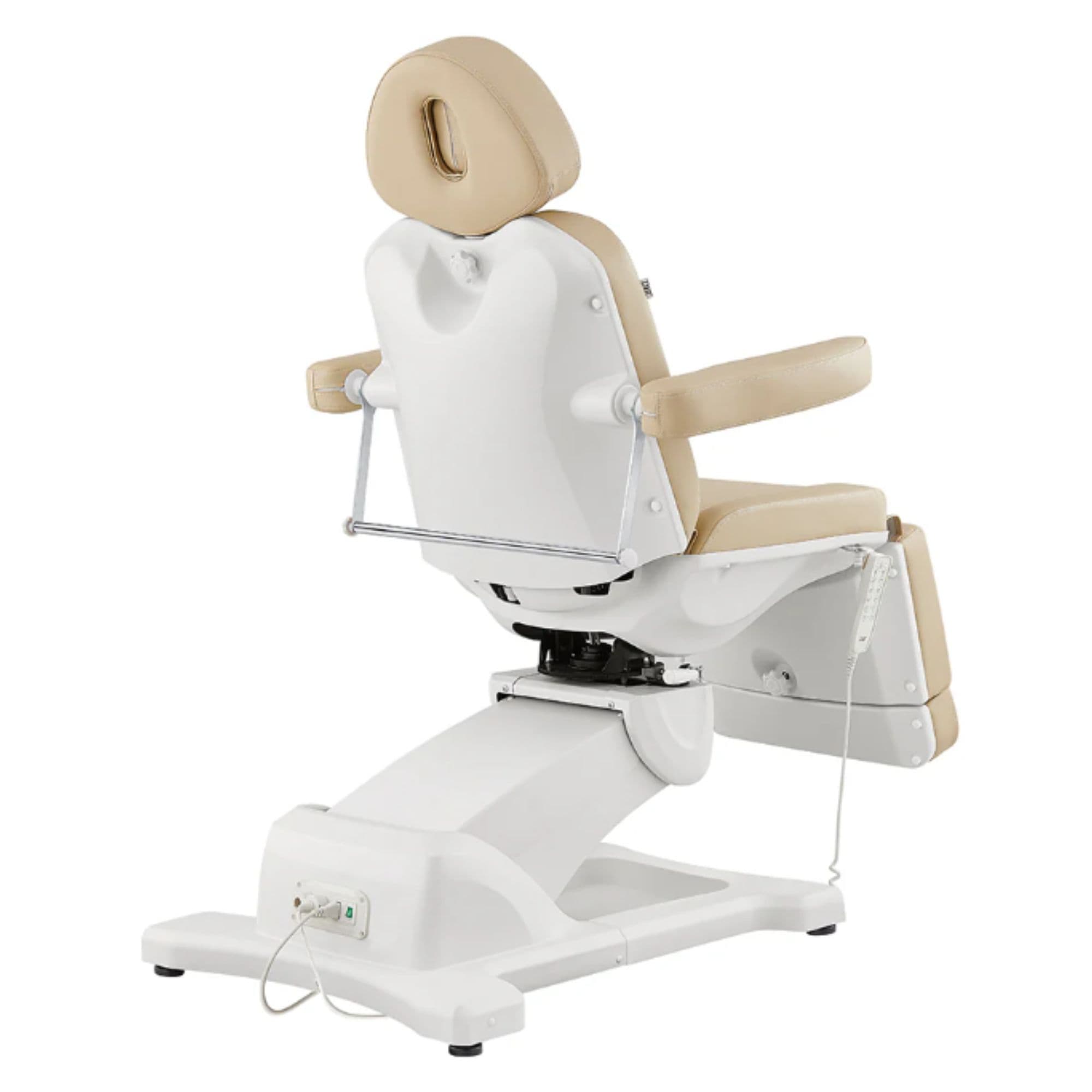 DIR Pavo 4-Motors Swivel Medical Spa Treatment Table Beige Variant Rear View With Remote Control On White Background