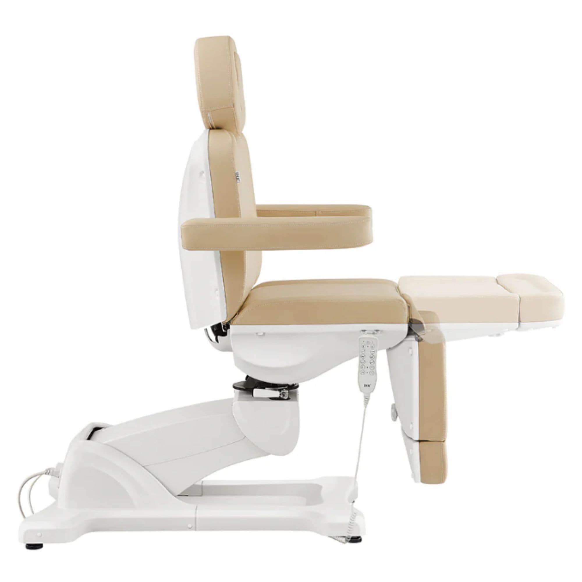 DIR Pavo 4-Motors Swivel Medical Spa Treatment Table Beige Variant Side View Showing Extendable Footrest Positions On White Background