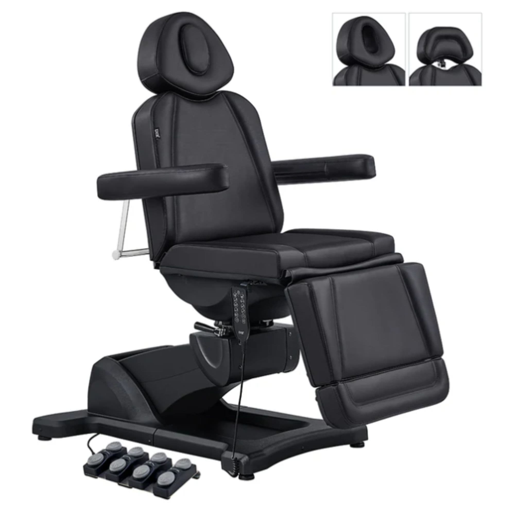 DIR Pavo 4-Motors Swivel Medical Spa Treatment Table Black Variant Front Angled View With Detachable Headrest Options On White Background