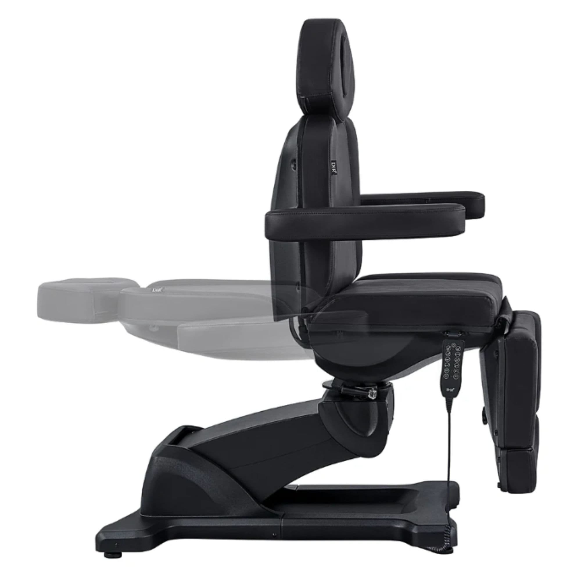 DIR Pavo 4-Motors Swivel Medical Spa Treatment Table Black Variant Side View Demonstrating Backrest Recline Adjustment Range On White Background