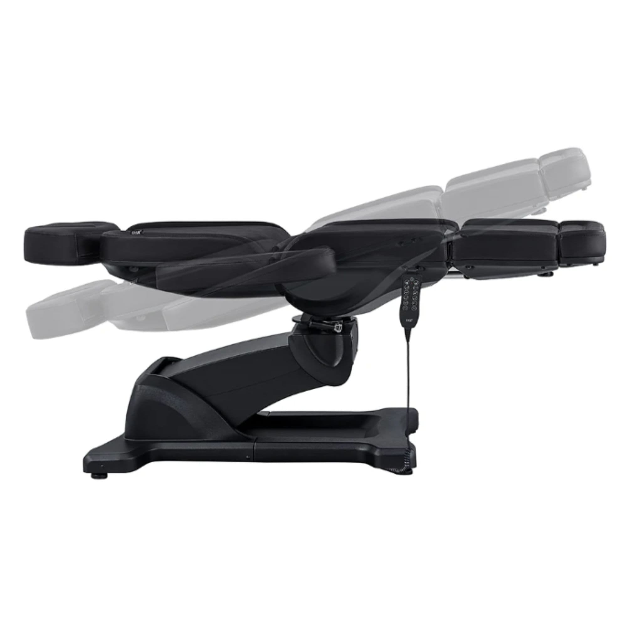DIR Pavo 4-Motors Swivel Medical Spa Treatment Table Black Variant Side View Fully Reclined Demonstrating Adjustable Range Positions On White Background