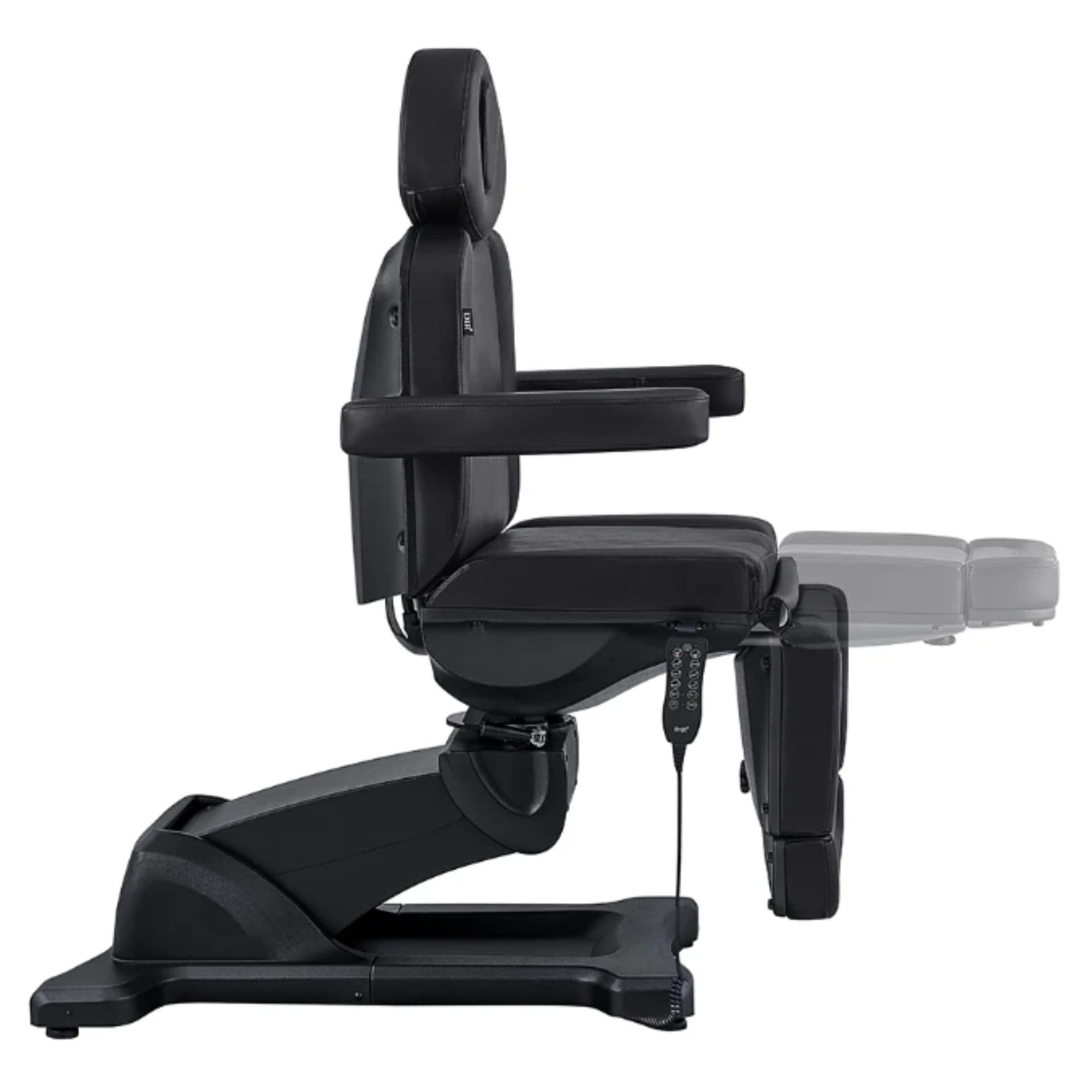 DIR Pavo 4-Motors Swivel Medical Spa Treatment Table Black Variant Side View Showing Extendable Footrest Positions On White Background