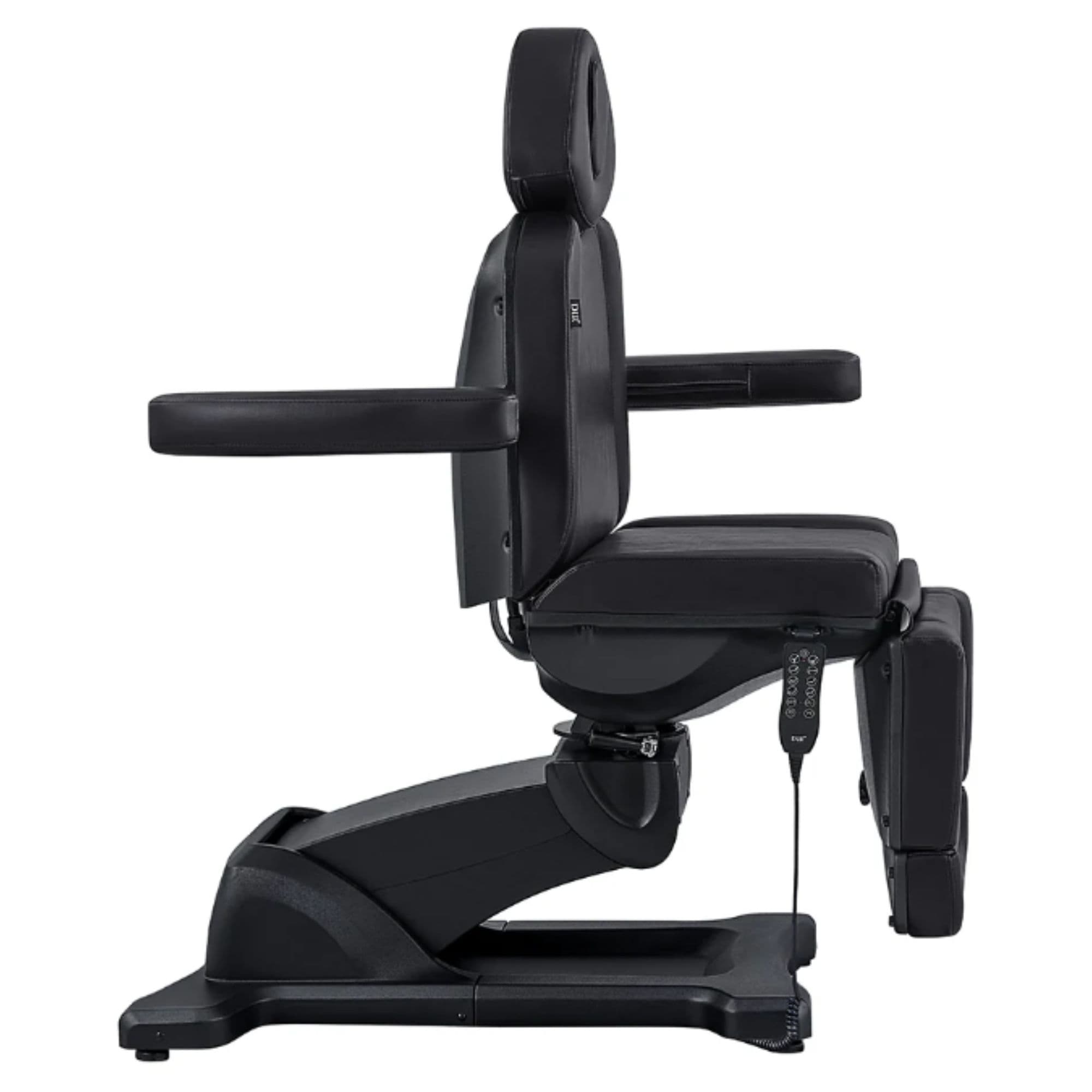 DIR Pavo 4-Motors Swivel Medical Spa Treatment Table Black Variant Side View Showing Swing-Away Armrest Position On White Background
