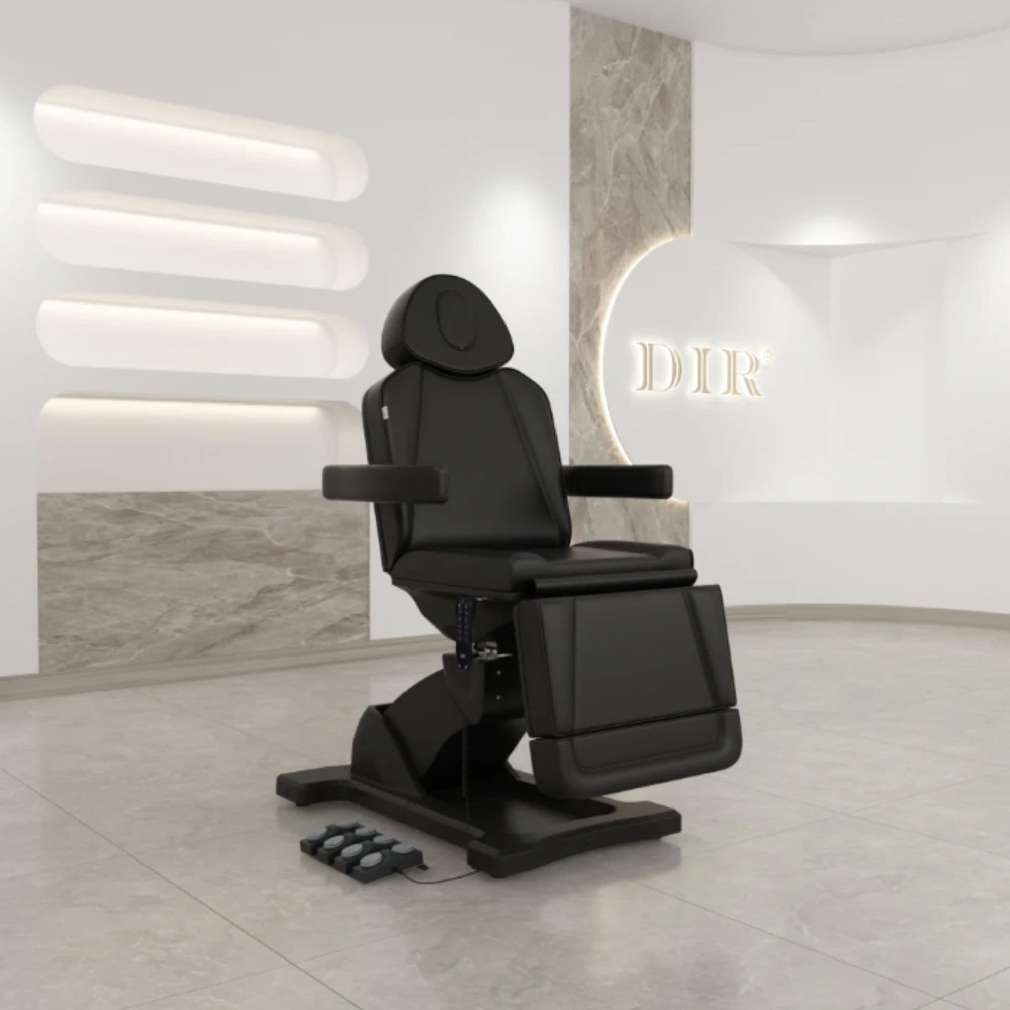 DIR Pavo 4-Motors Swivel Medical Spa Treatment Table Front Angled View Of Black Variant With Product Display Shelves And Brand Logo In The Background