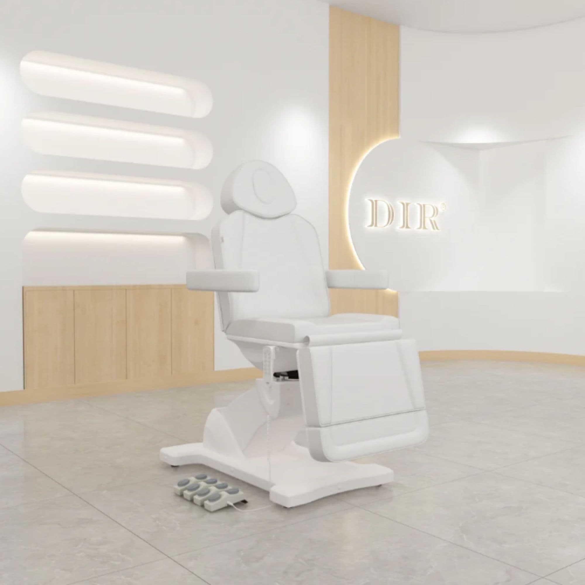 DIR Pavo 4-Motors Swivel Medical Spa Treatment Table Front Angled View Of White Variant With Product Display Shelves And Brand Logo In The Background
