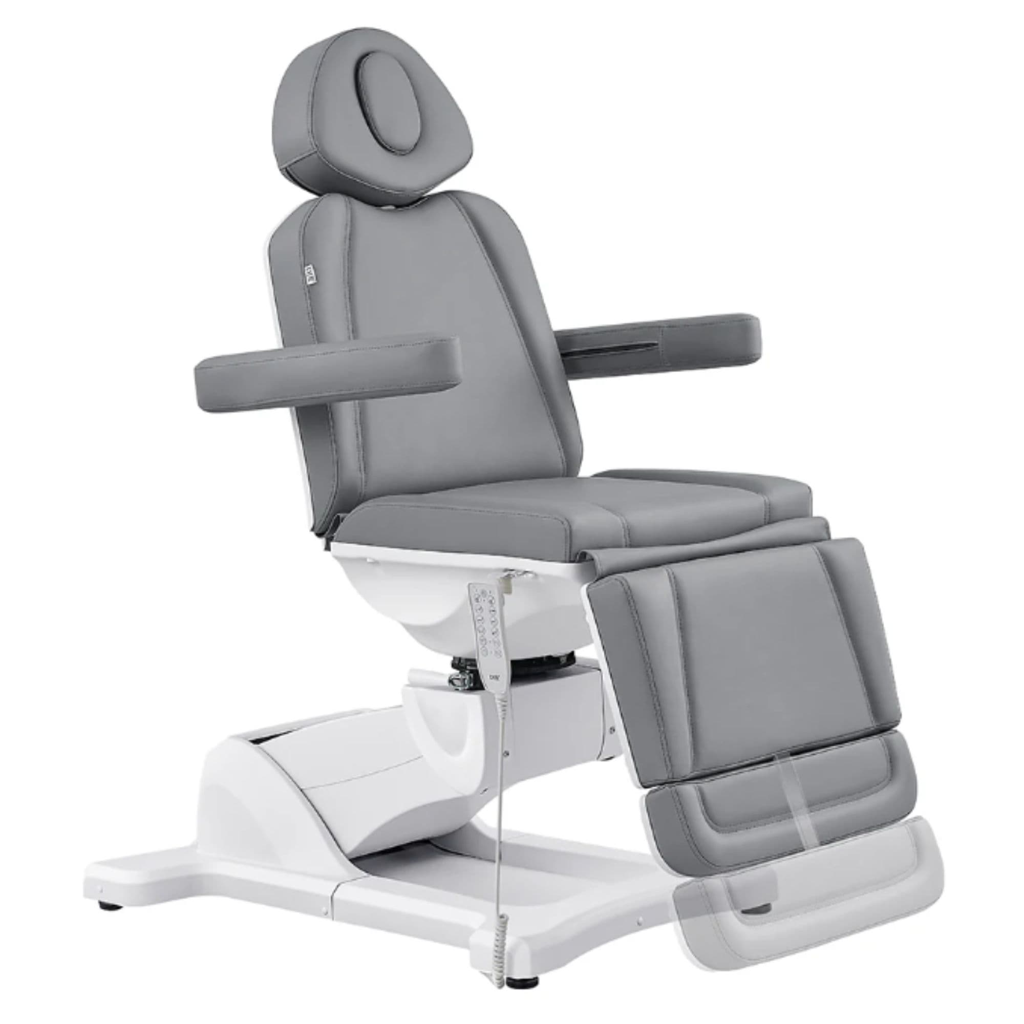 DIR Pavo 4-Motors Swivel Medical Spa Treatment Table Gray Variant Front Angled View Demonstrating Leg Rest Extension Range On White Background