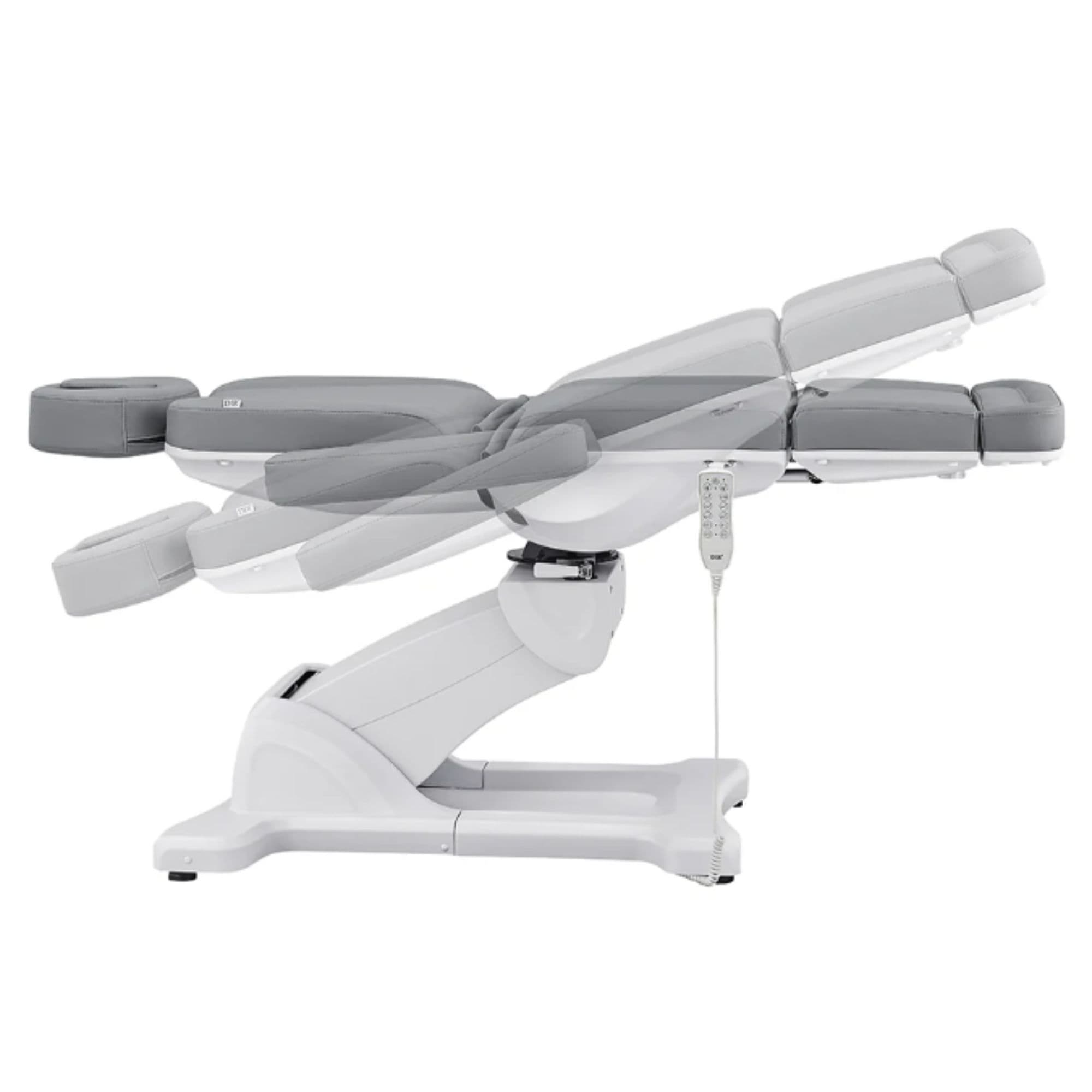 DIR Pavo 4-Motors Swivel Medical Spa Treatment Table Gray Variant Side View Fully Reclined Demonstrating Adjustable Range Positions On White Background
