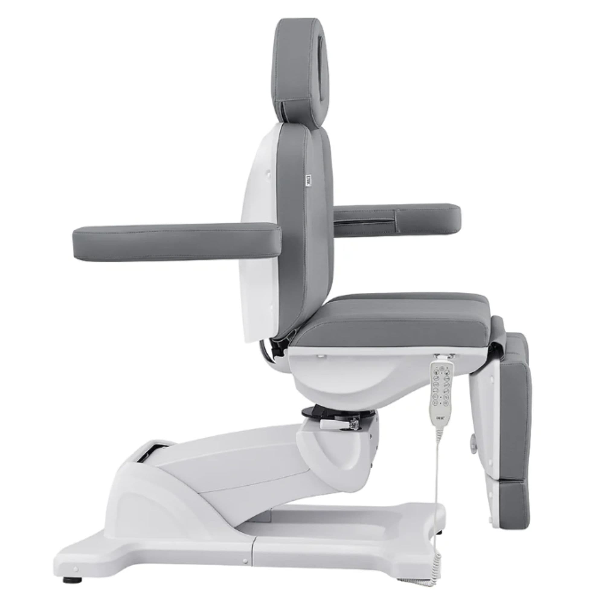 DIR Pavo 4-Motors Swivel Medical Spa Treatment Table Gray Variant Side View Showing Swing-Away Armrest Position On White Background