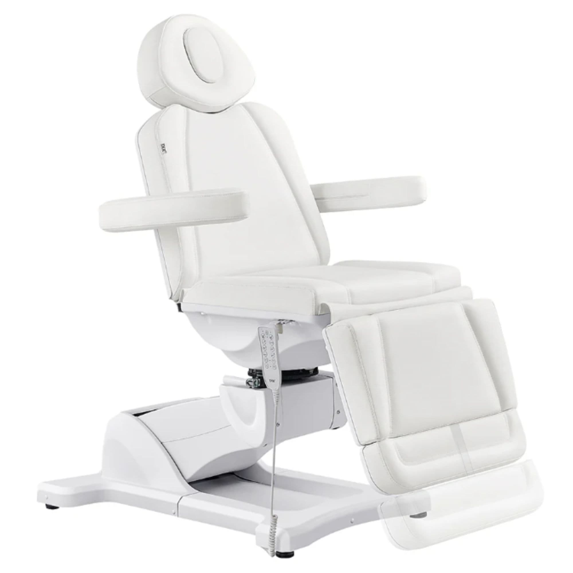 DIR Pavo 4-Motors Swivel Medical Spa Treatment Table White Variant Front Angled View Demonstrating Leg Rest Extension Range On White Background