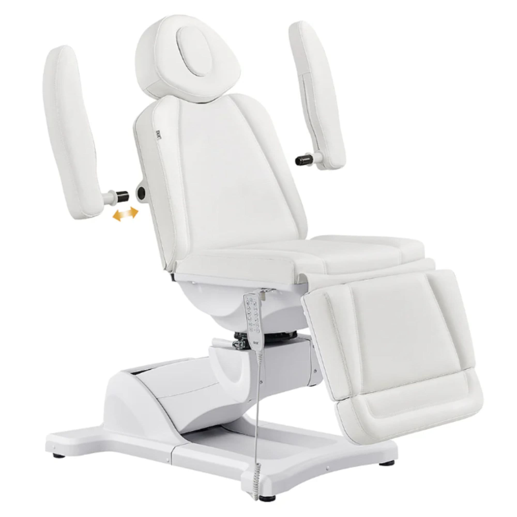 DIR Pavo 4-Motors Swivel Medical Spa Treatment Table White Variant Front Angled View Showing Detachable Armrest On White Background