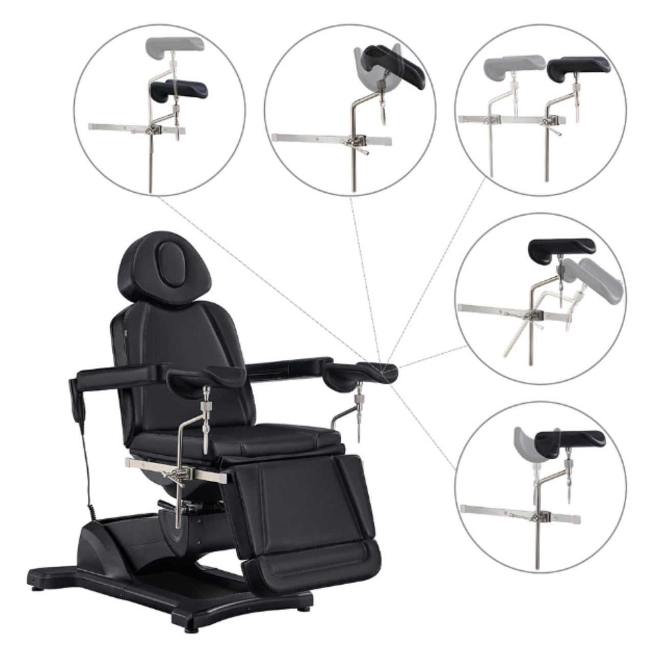 DIR Pavo OB 4-Motors OB GYN Exam Chair Black Front Angled View Showing Adjustable Stirrup Functions And Positions On White Background