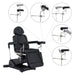 DIR Pavo OB 4-Motors OB GYN Exam Chair Black Front Angled View Showing Adjustable Stirrup Functions And Positions On White Background