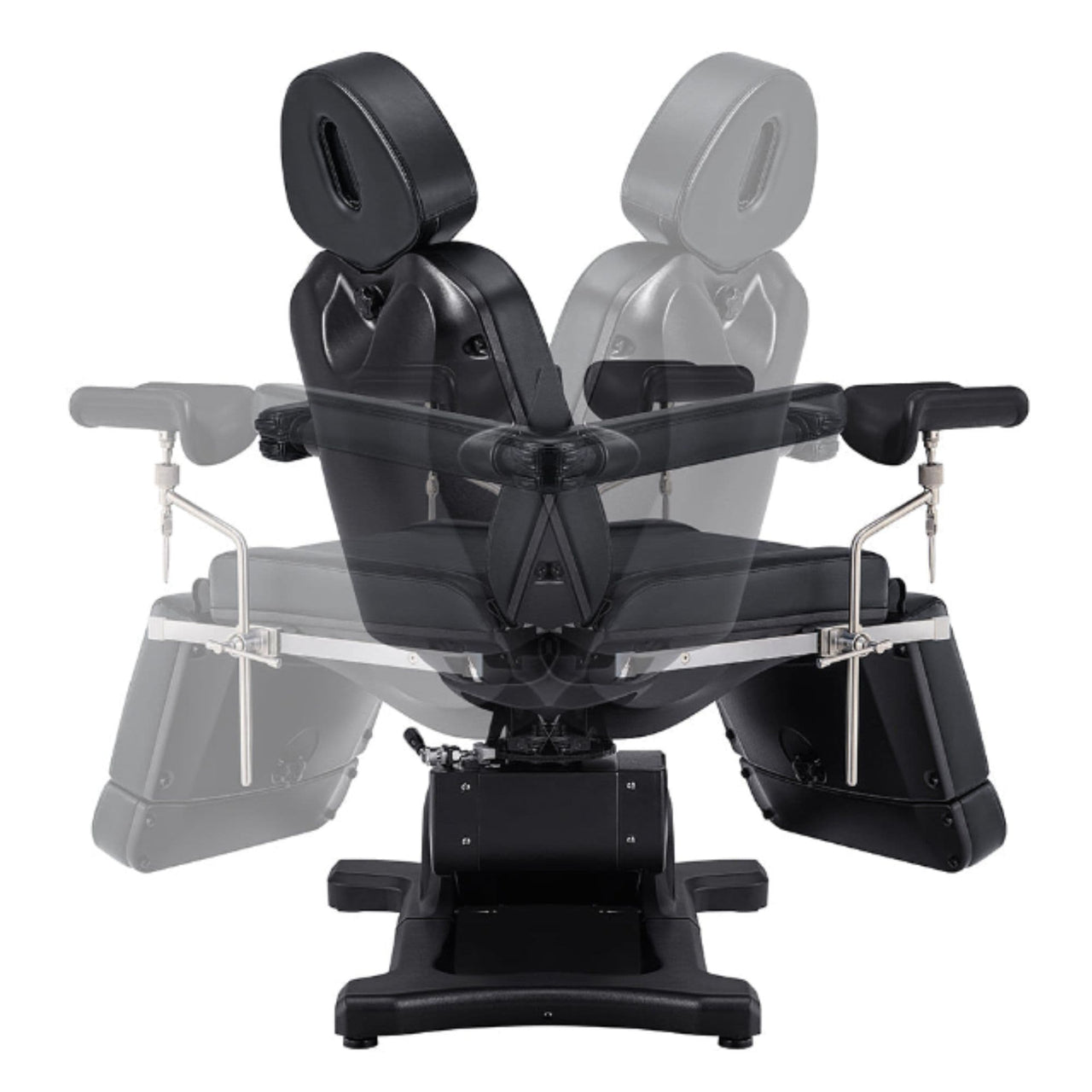 DIR Pavo OB 4-Motors OB GYN Exam Chair Black Front View With Swivel Rotation Demonstration On White Background