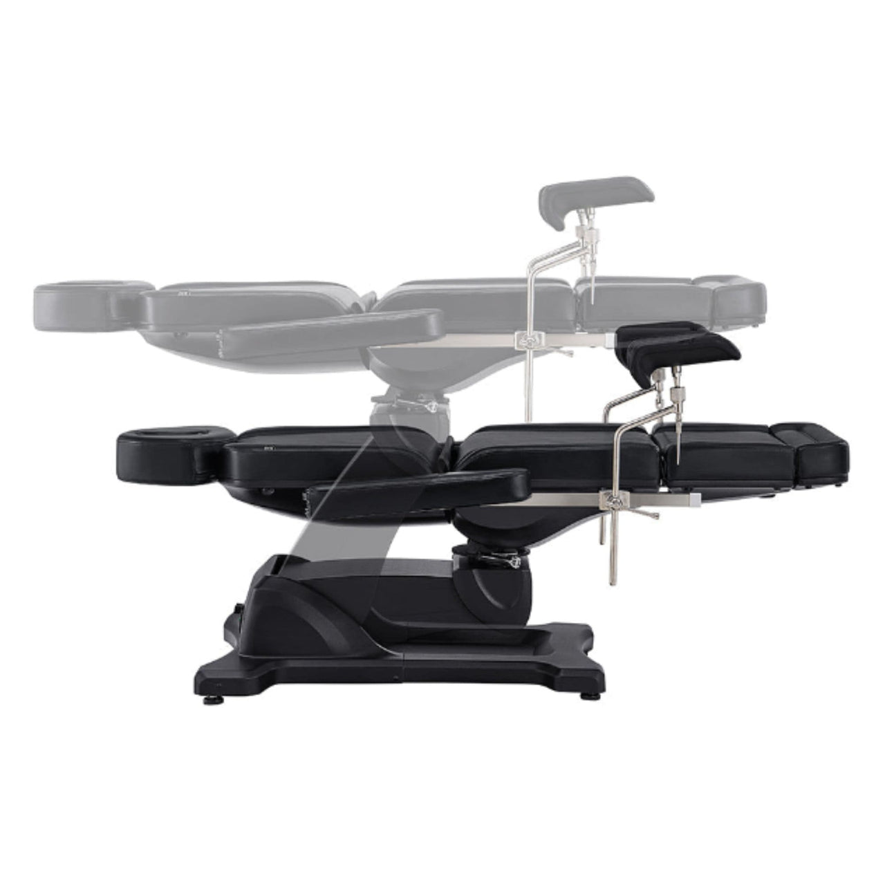 DIR Pavo OB 4-Motors OB GYN Exam Chair Black Side View And Fully Reclined Demonstrating An Up And Down Adjustment On White Background