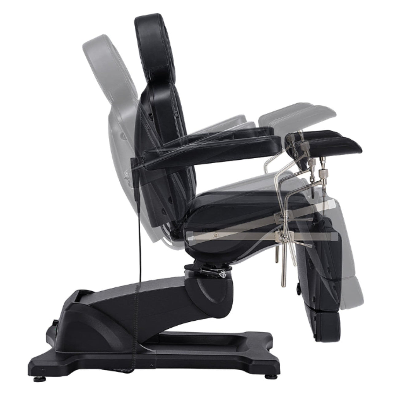 DIR Pavo OB 4-Motors OB GYN Exam Chair Black Side View Demonstrating Chair And Stirrup Adjustment Positions On White Background