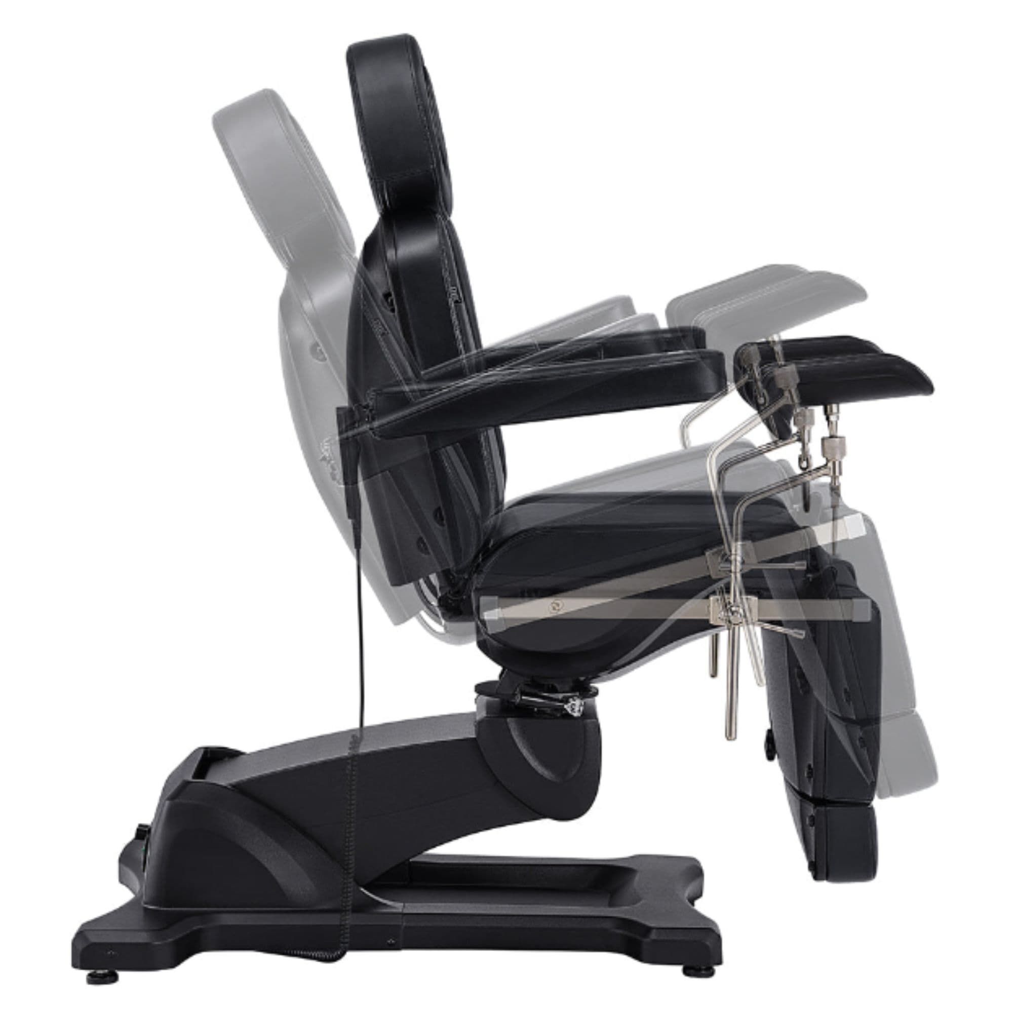 DIR Pavo OB 4-Motors OB GYN Exam Chair Black Side View Demonstrating Chair And Stirrup Adjustment Positions On White Background