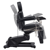 Thumbnail for DIR Pavo OB 4-Motors OB GYN Exam Chair Black Side View Demonstrating Chair And Stirrup Adjustment Positions On White Background