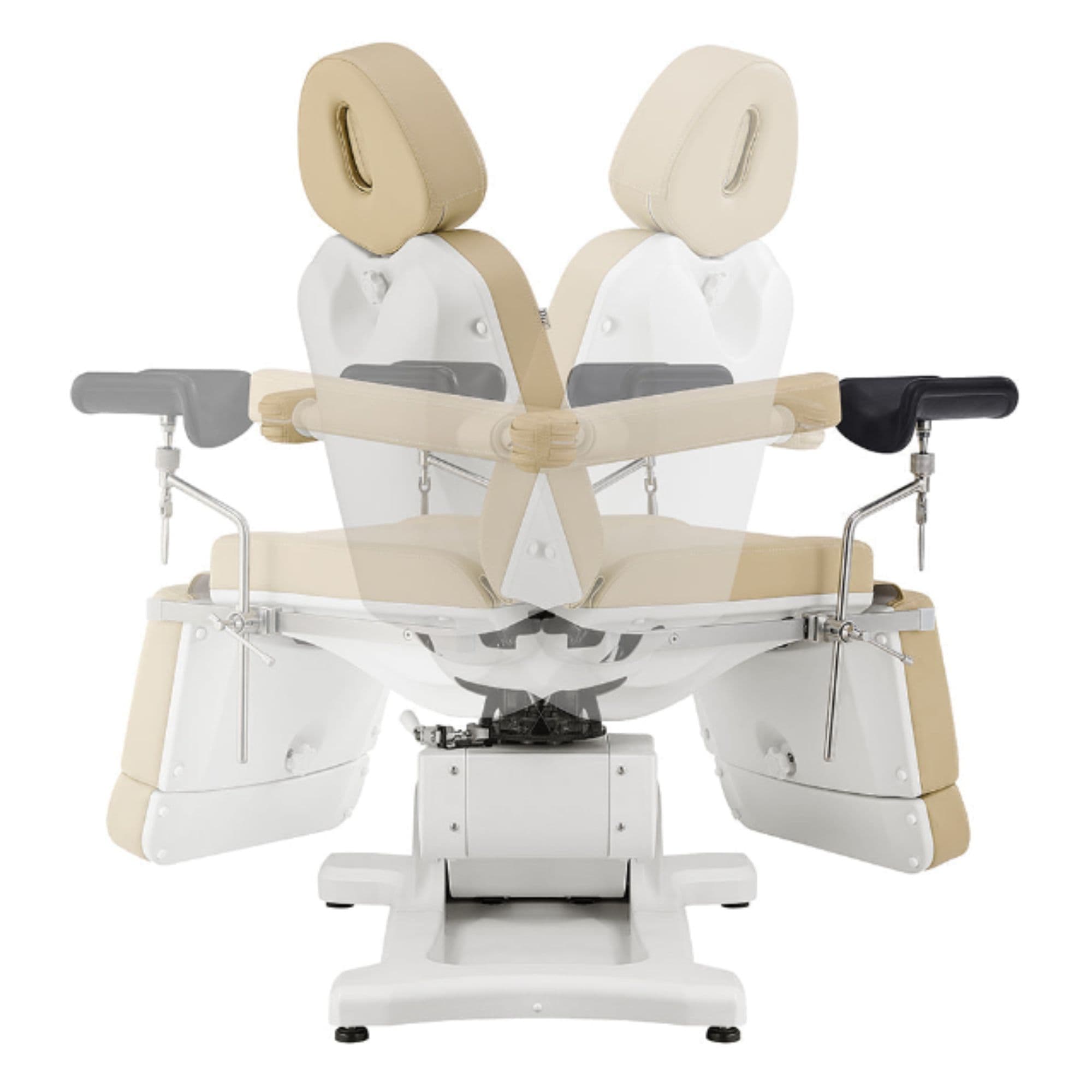 DIR Pavo OB 4-Motors OB GYN Exam Chair with Stirrups Beige Front View With Swivel Rotation Demonstration On White Background