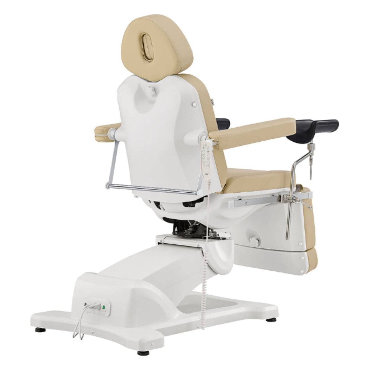 DIR Pavo OB 4-Motors OB GYN Exam Chair with Stirrups Beige Rear View With Remote Control On White Background