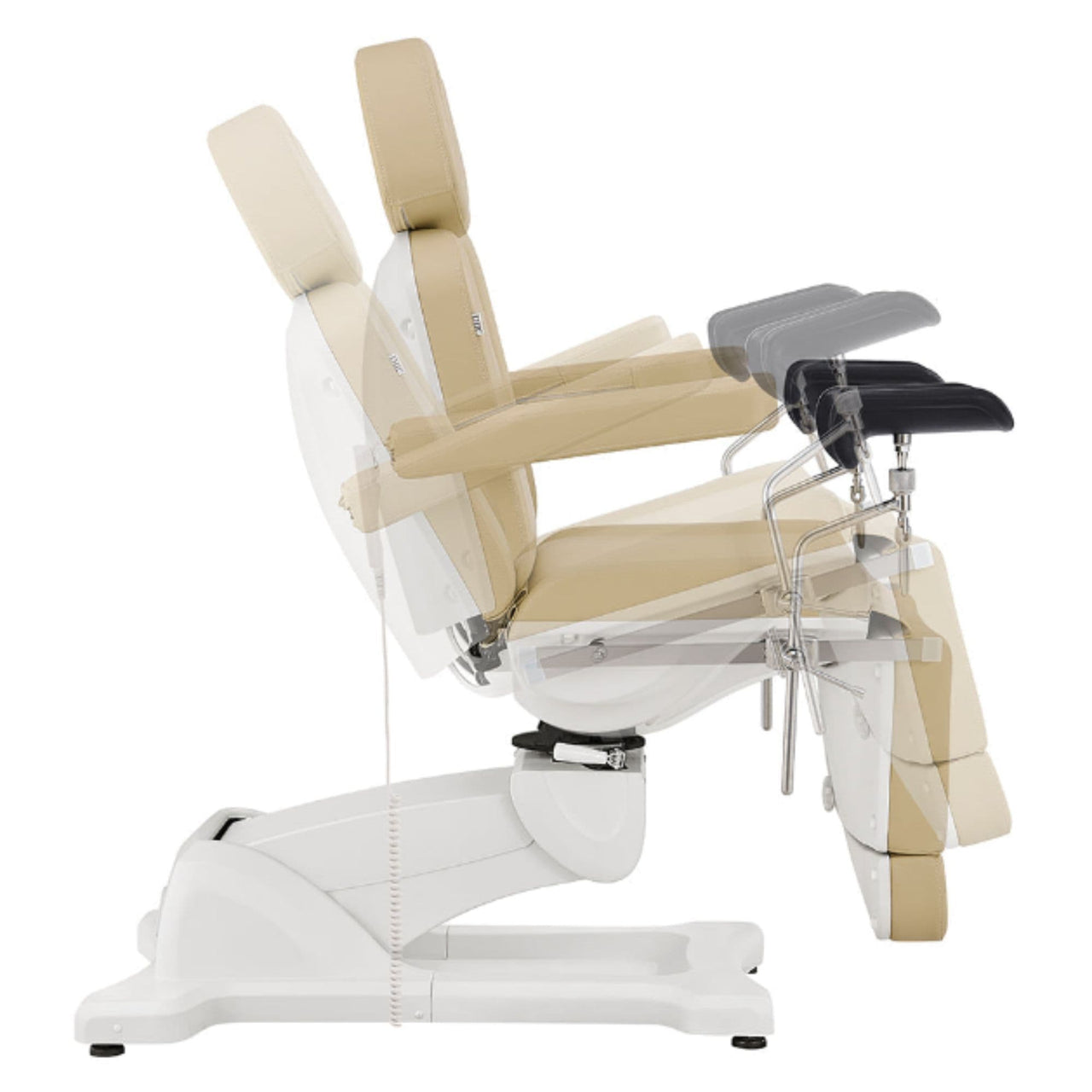 DIR Pavo OB 4-Motors OB GYN Exam Chair with Stirrups Beige Side View Demonstrating Chair And Stirrup Adjustment Positions On White Background