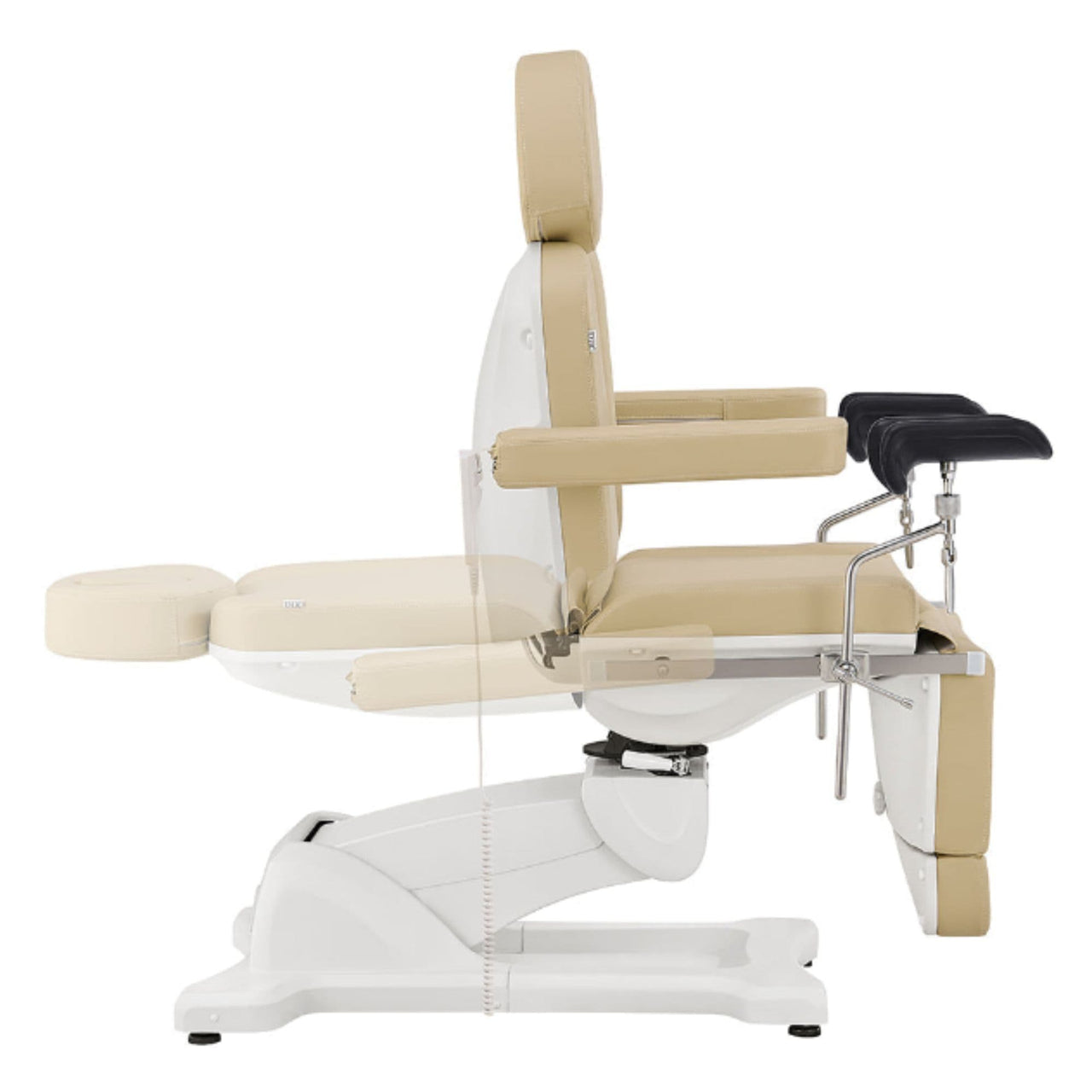DIR Pavo OB 4-Motors OB GYN Exam Chair with Stirrups Beige Side View Demonstrating Recline Adjustment Range On White Background
